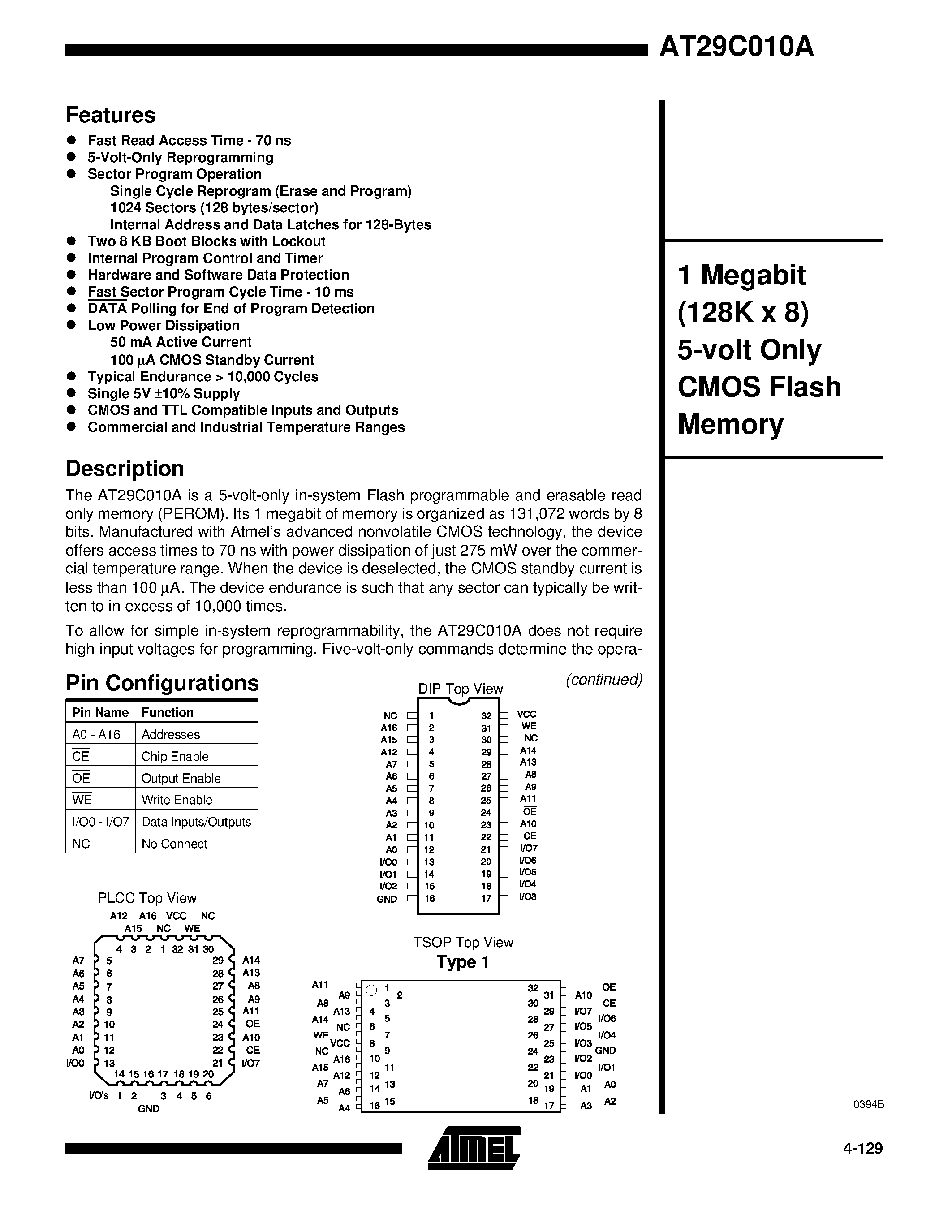 Datasheet AT29C010A-90PI - 1 Megabit 128K x 8 5-volt Only CMOS Flash Memory page 1