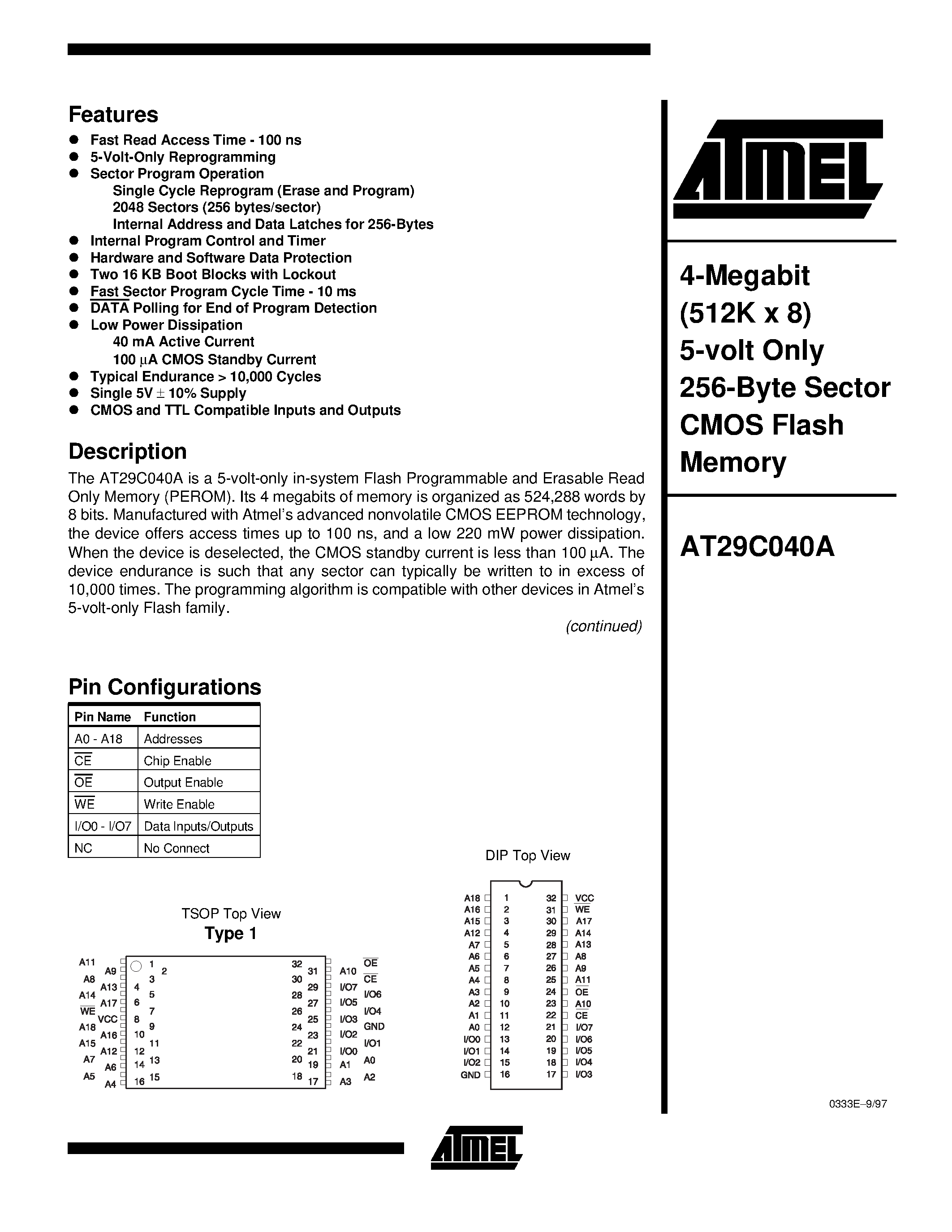 Datasheet AT29C040A-12 - 4-Megabit 512K x 8 5-volt Only 256-Byte Sector CMOS Flash Memory page 1