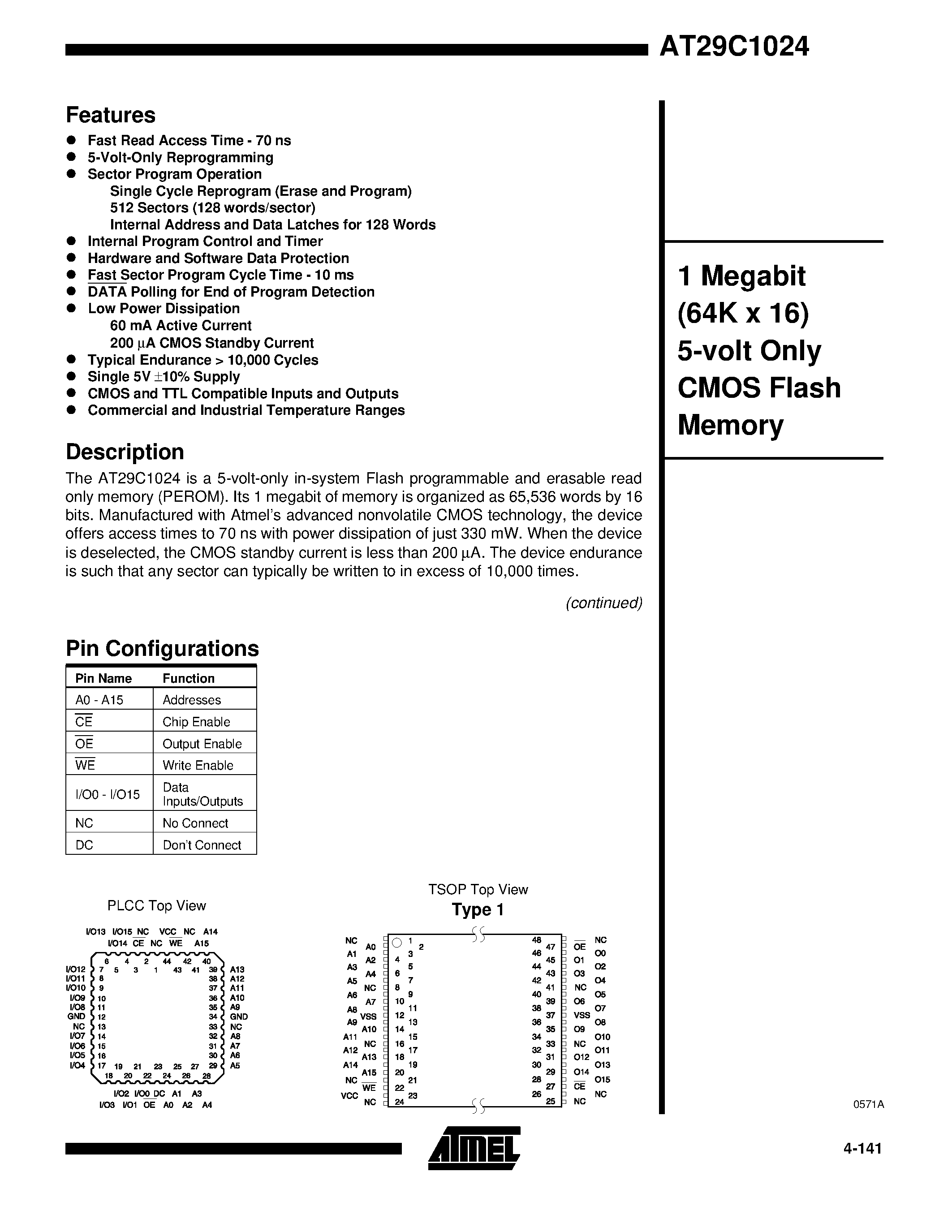 Datasheet AT29C1024-15TI - 1 Megabit 64K x 16 5-volt Only CMOS Flash Memory page 1