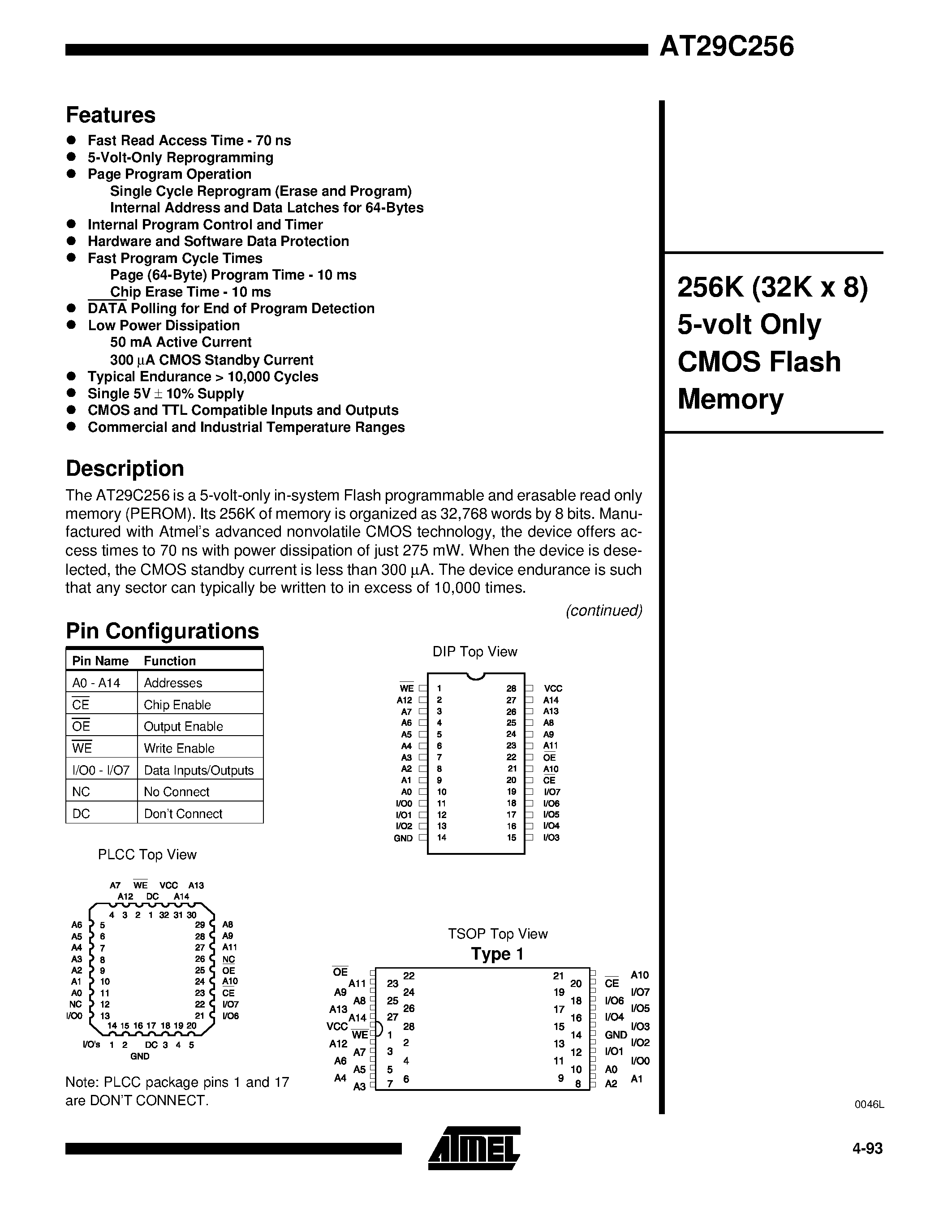 Datasheet AT29C256-70PC - 256K 32K x 8 5-volt Only CMOS Flash Memory page 1