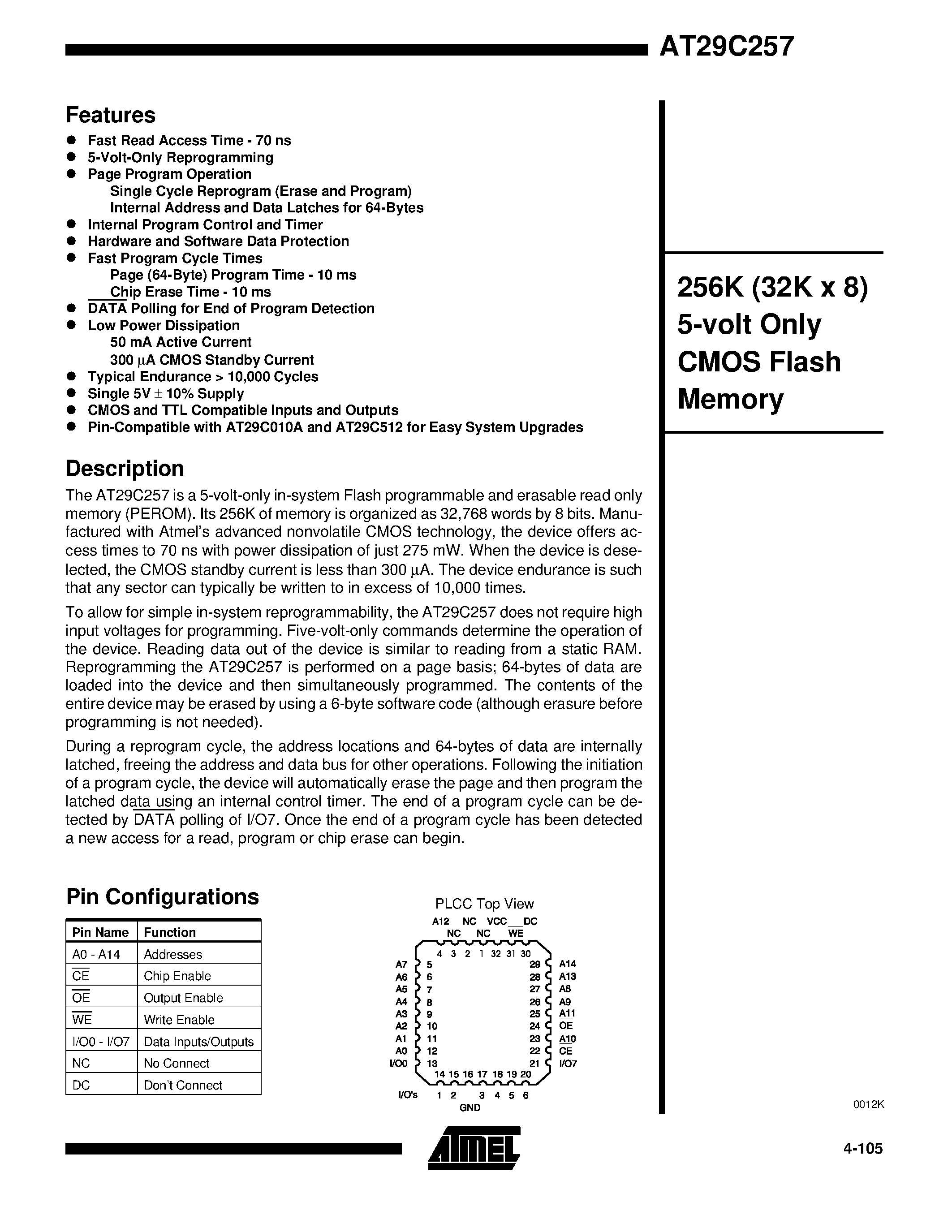 Datasheet AT29C257-12JI - 256K 32K x 8 5-volt Only CMOS Flash Memory page 1