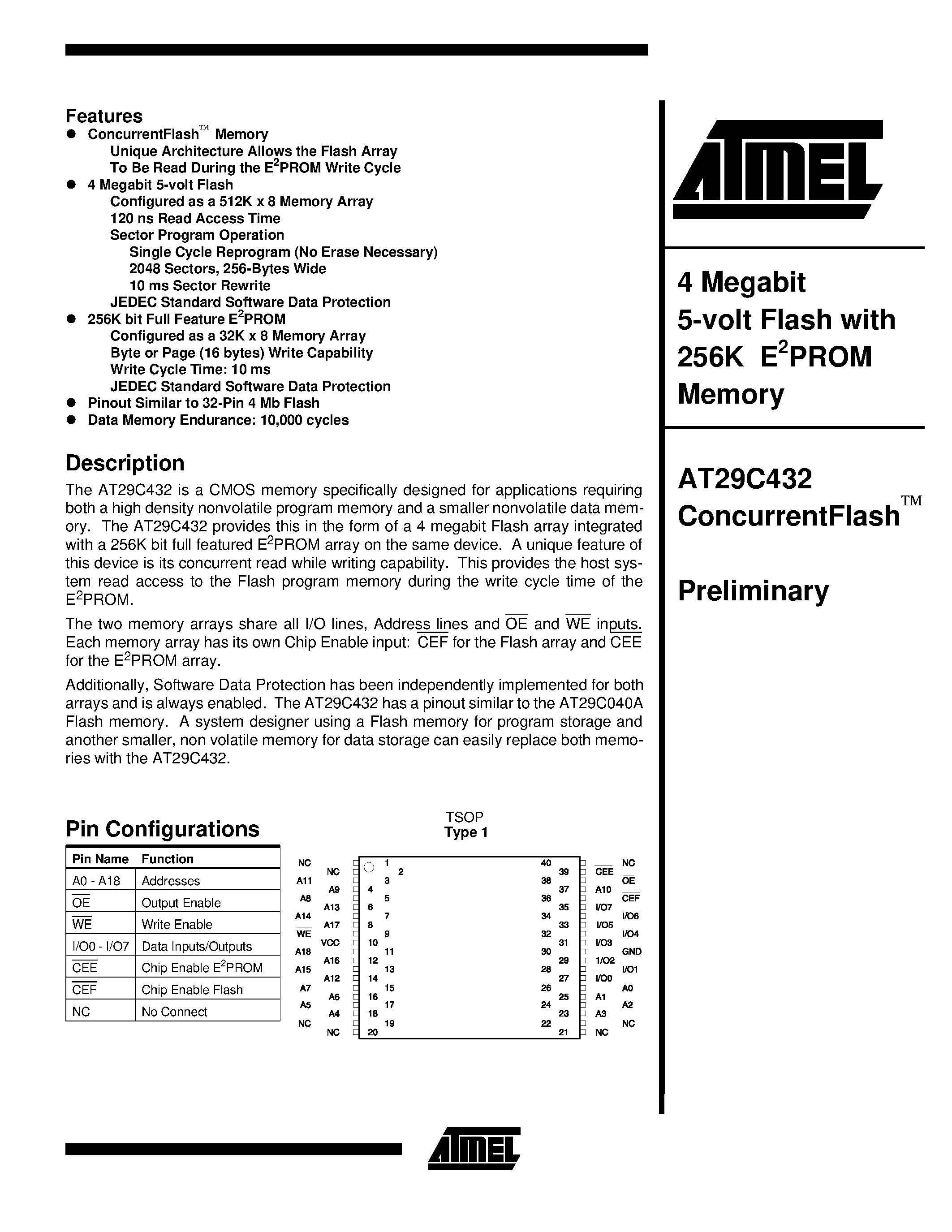Datasheet AT29C432 - 4 Megabit 5-volt Flash with 256K E2PROM Memory page 1