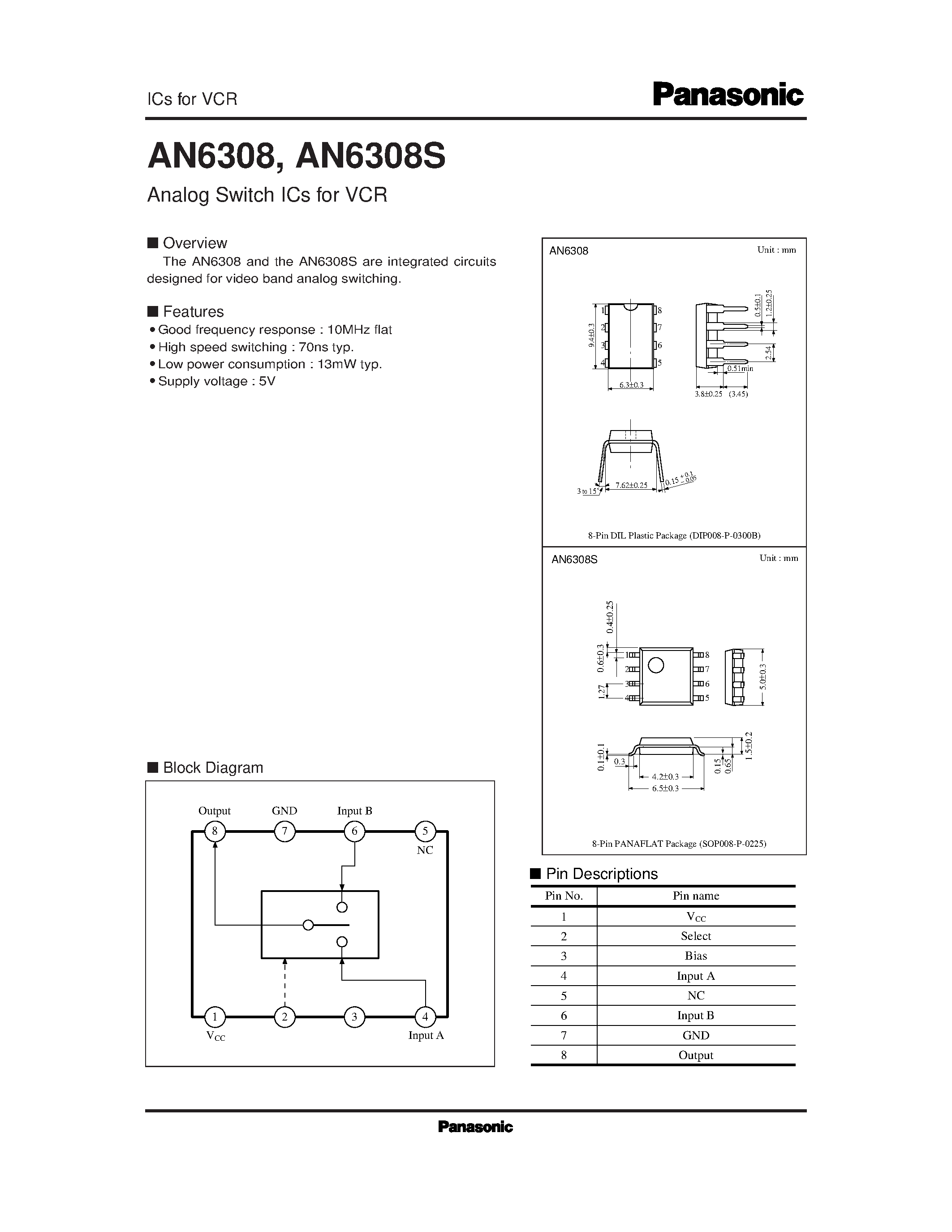Даташит на микросхему AN6308S страница 1 Даташит AN6308S - Analog Switch ICs for VCR страница 1