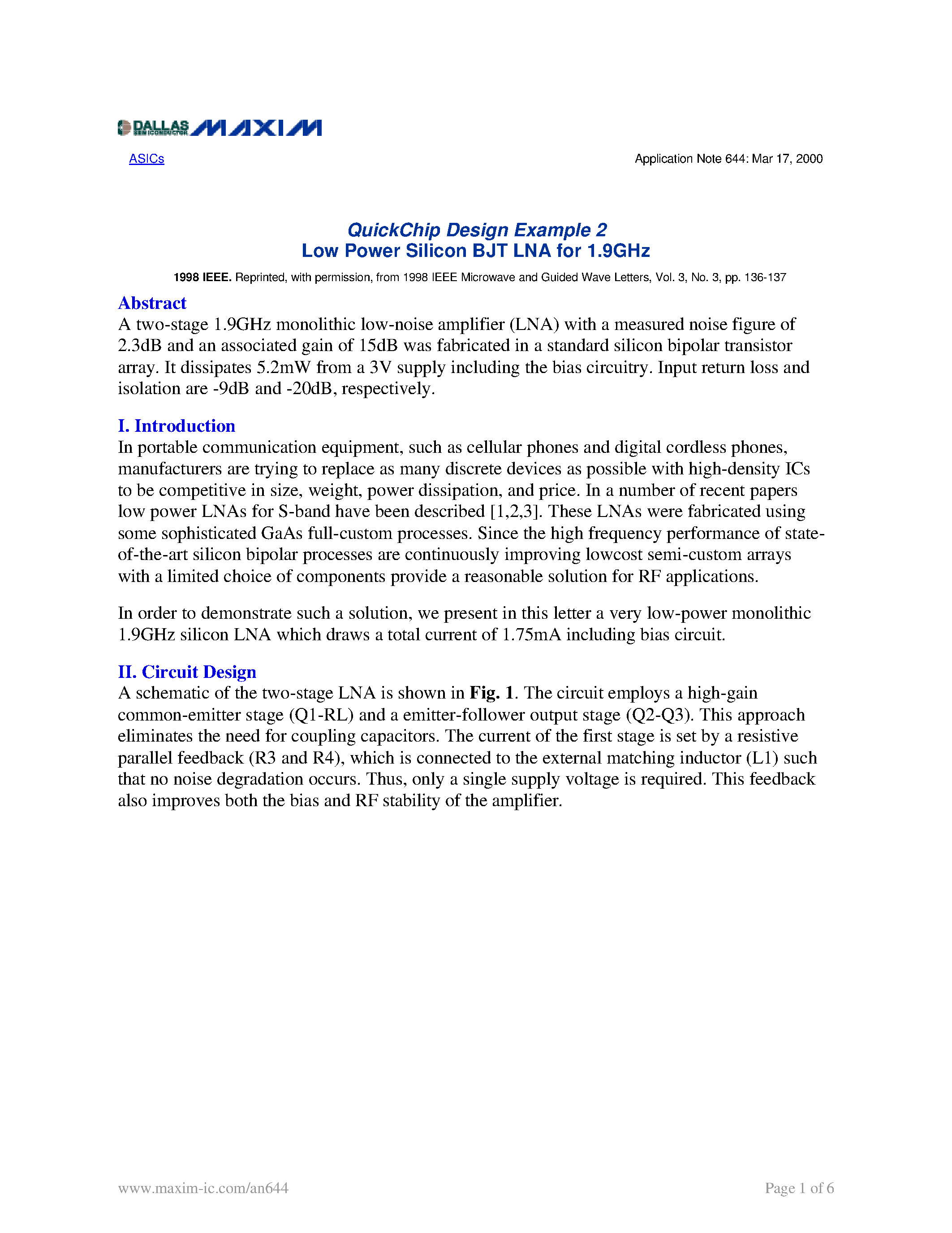 Даташит AN644 - QuickChip Design Example 2 Low Power Silicon BJT LNA for 1.9GHz страница 1