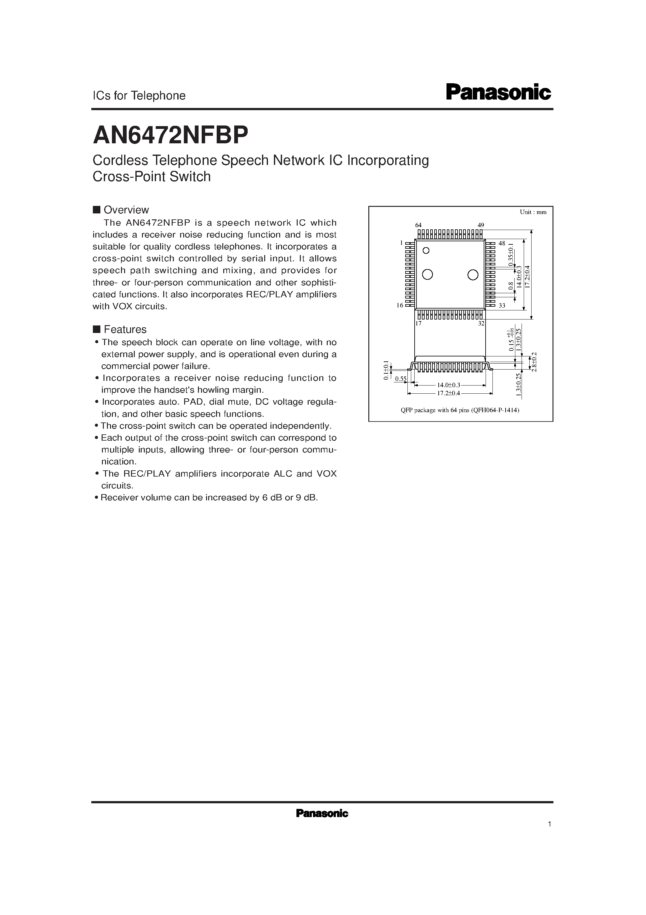 Даташит на микросхему AN6472NFBP страница 1 Даташит AN6472NFBP - Cordless Telephone Speech Network IC Incorporating Cross-Point Switch страница 1