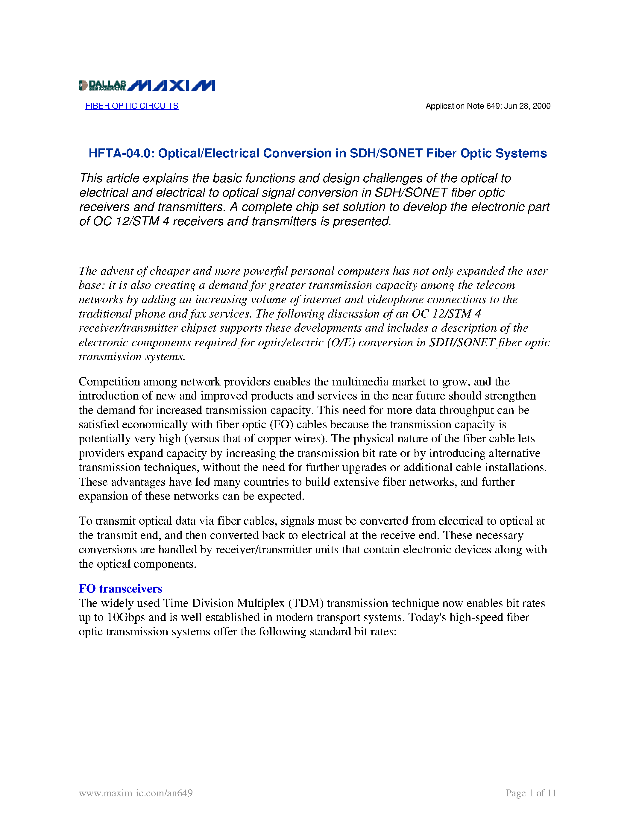 Datasheet AN649 page 1 Datasheet AN649 - HFTA-04.0: Optical/Electrical Conversion in SDH/SONET Fiber Optic Systems page 1