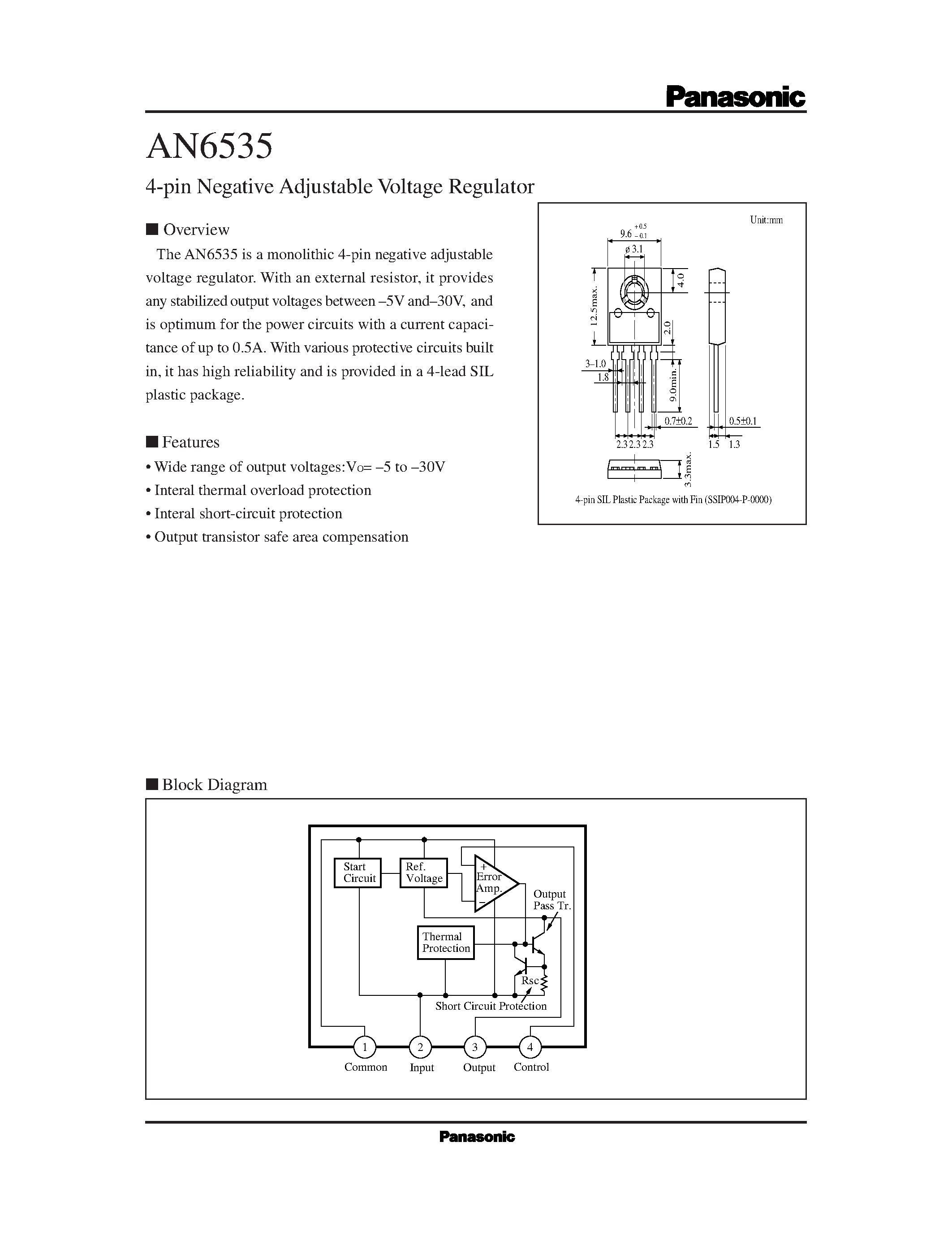 Datasheet AN6535 - 4-pin Negative Adjustable Voltage Regulator page 1
