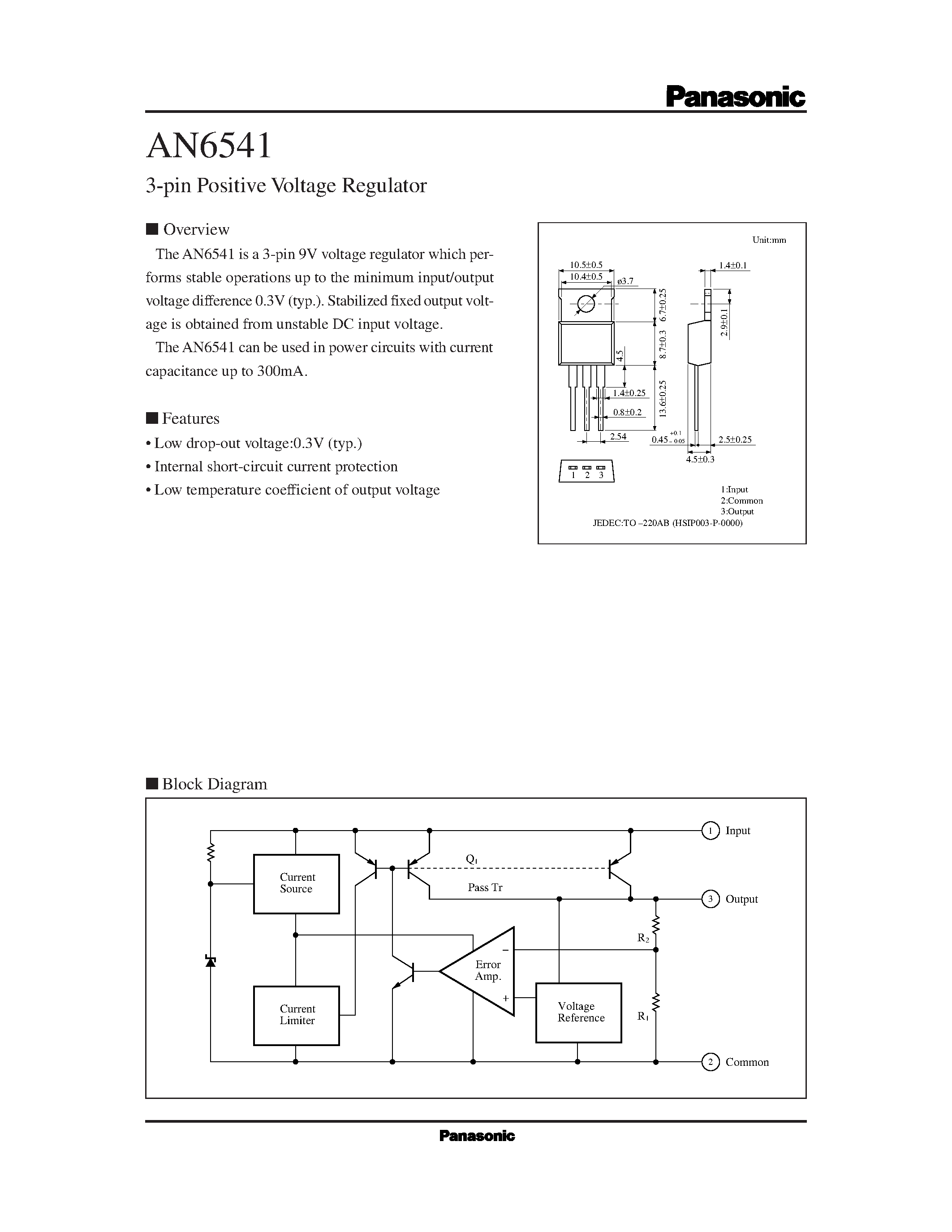 Datasheet AN6541 page 1 Datasheet AN6541 - 3-pin Positive Voltage Regulator page 1