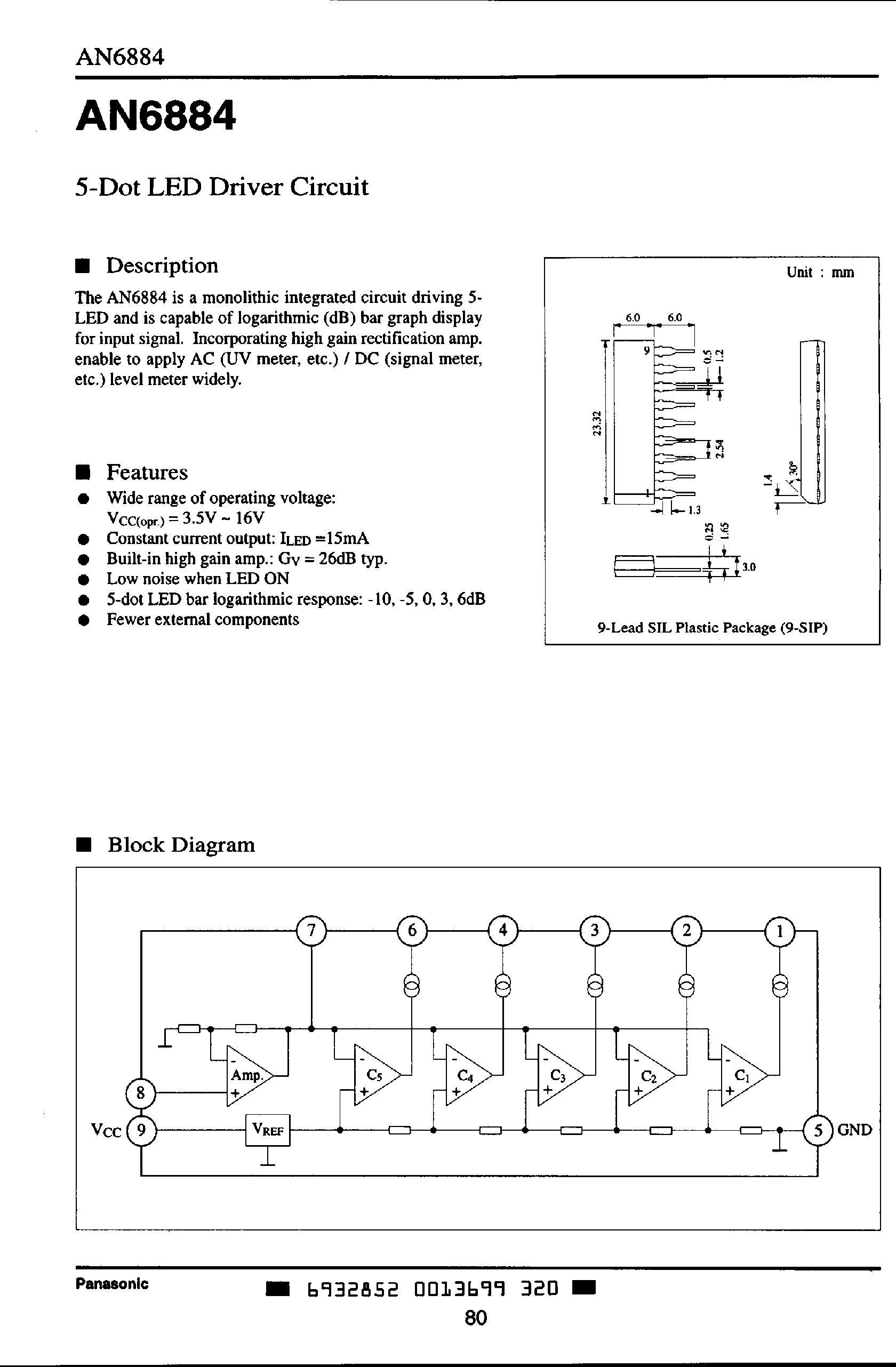 Даташит на микросхему AN6884 страница 1 Даташит AN6884 - 5-Dot LED Driver Circuit страница 1
