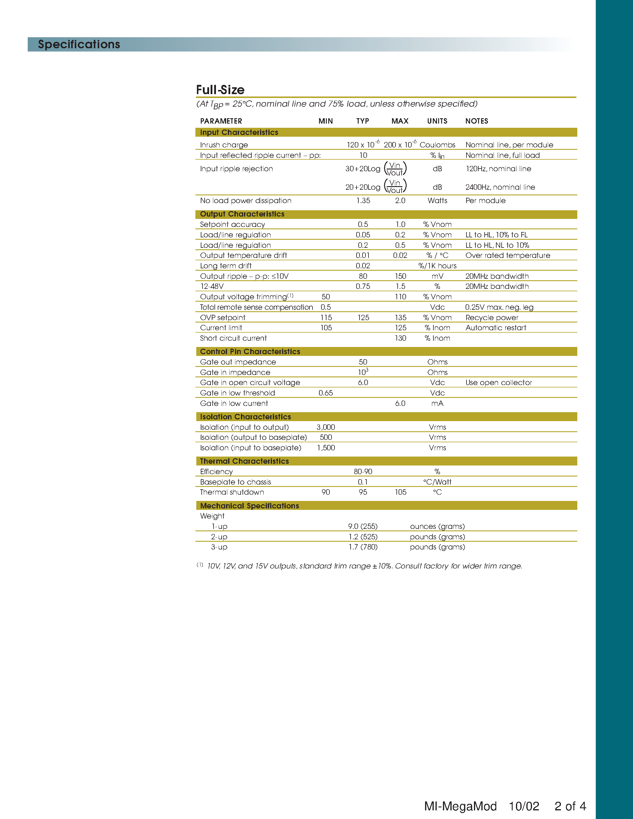 Datasheet MI-Q2J-MSA - Military Chassis Mount DC-DC Converters 10 to 300W Single/ Dual/ Triple Outputs page 2