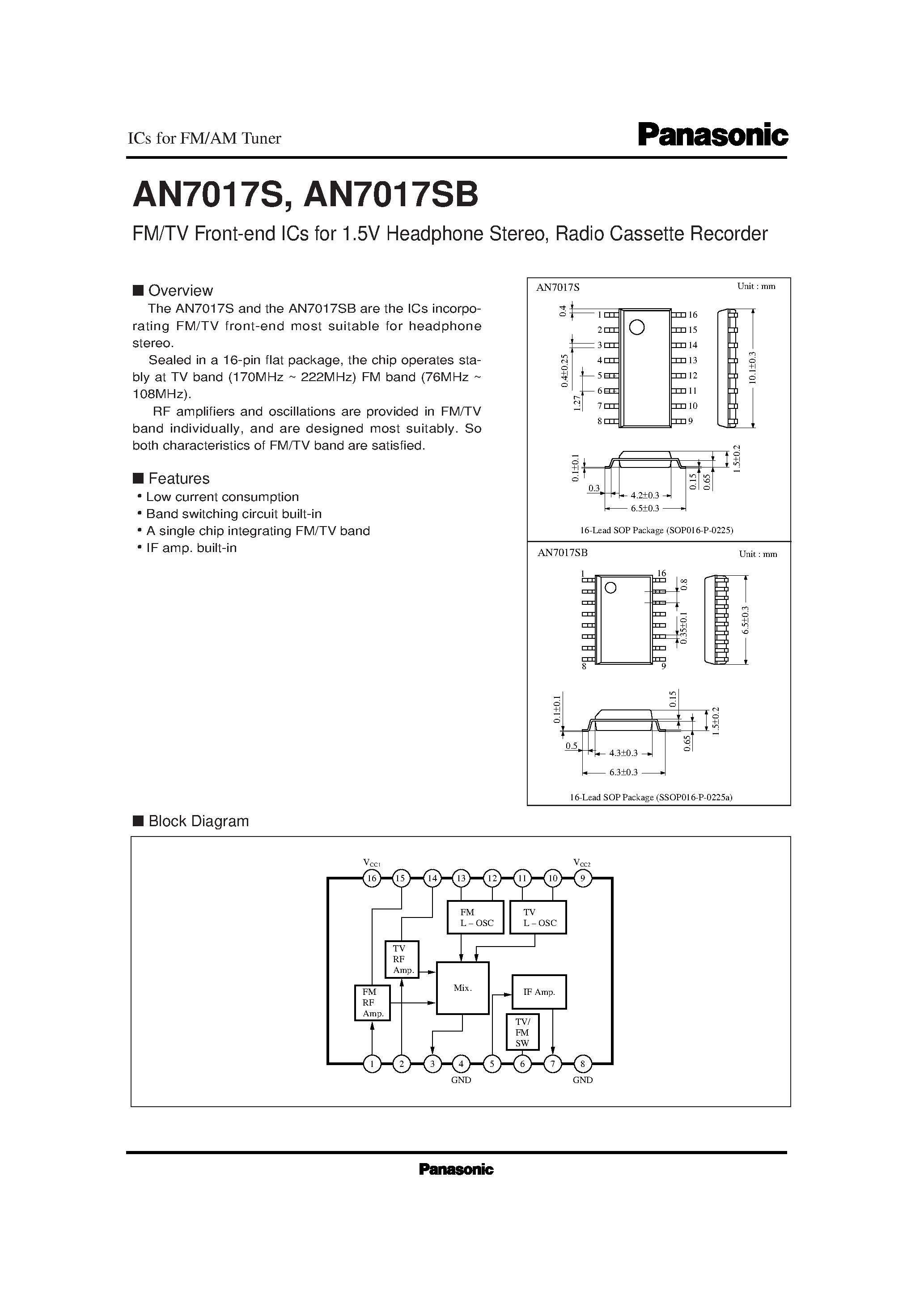 Даташит AN7017S - FM/TV Front-end ICs for 1.5V Headphone Stereo/ Radio Cassette Recorder страница 1