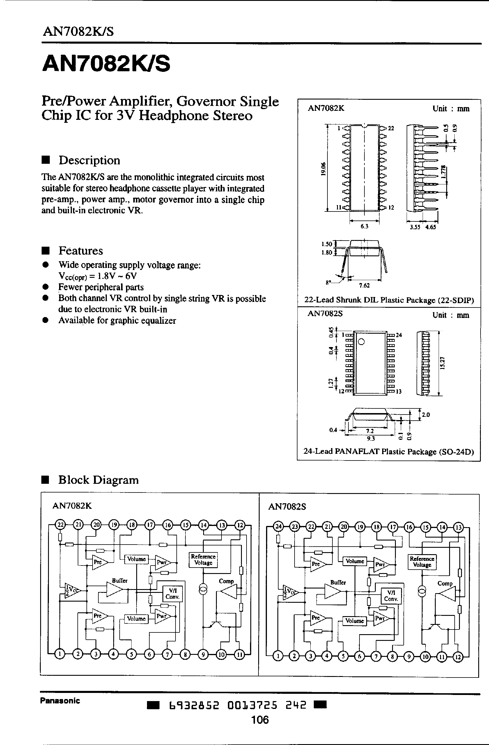 Даташит AN7082K - PRE/POWER AMPLIFIER GOVERNOR SINGLE CHIP IC FOR 3V HEADPHONE STEREO страница 1