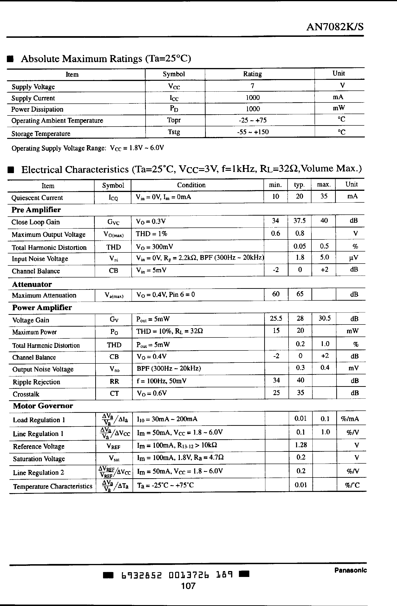 Даташит AN7082S - PRE/POWER AMPLIFIER GOVERNOR SINGLE CHIP IC FOR 3V HEADPHONE STEREO страница 2