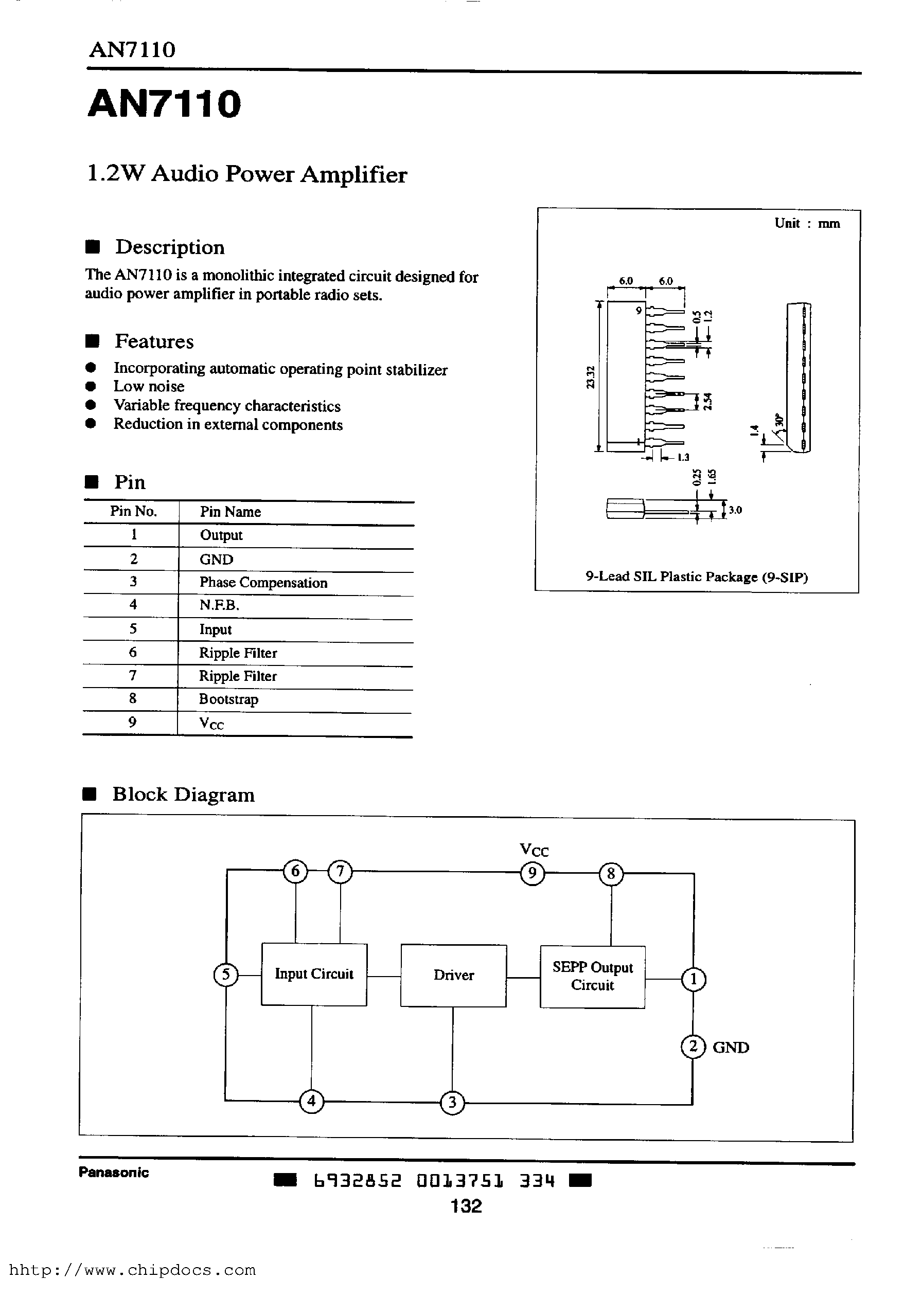 Даташит на микросхему AN7110 страница 1 Даташит AN7110 - 1.2W Audio Power Amplifier страница 1