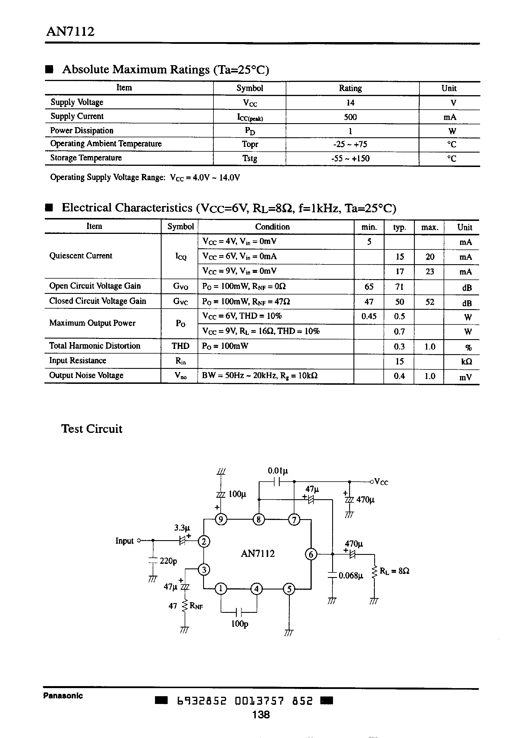 Datasheet AN7112 page 2 Datasheet AN7112 - 0.5W Audio Power Amplifier page 2