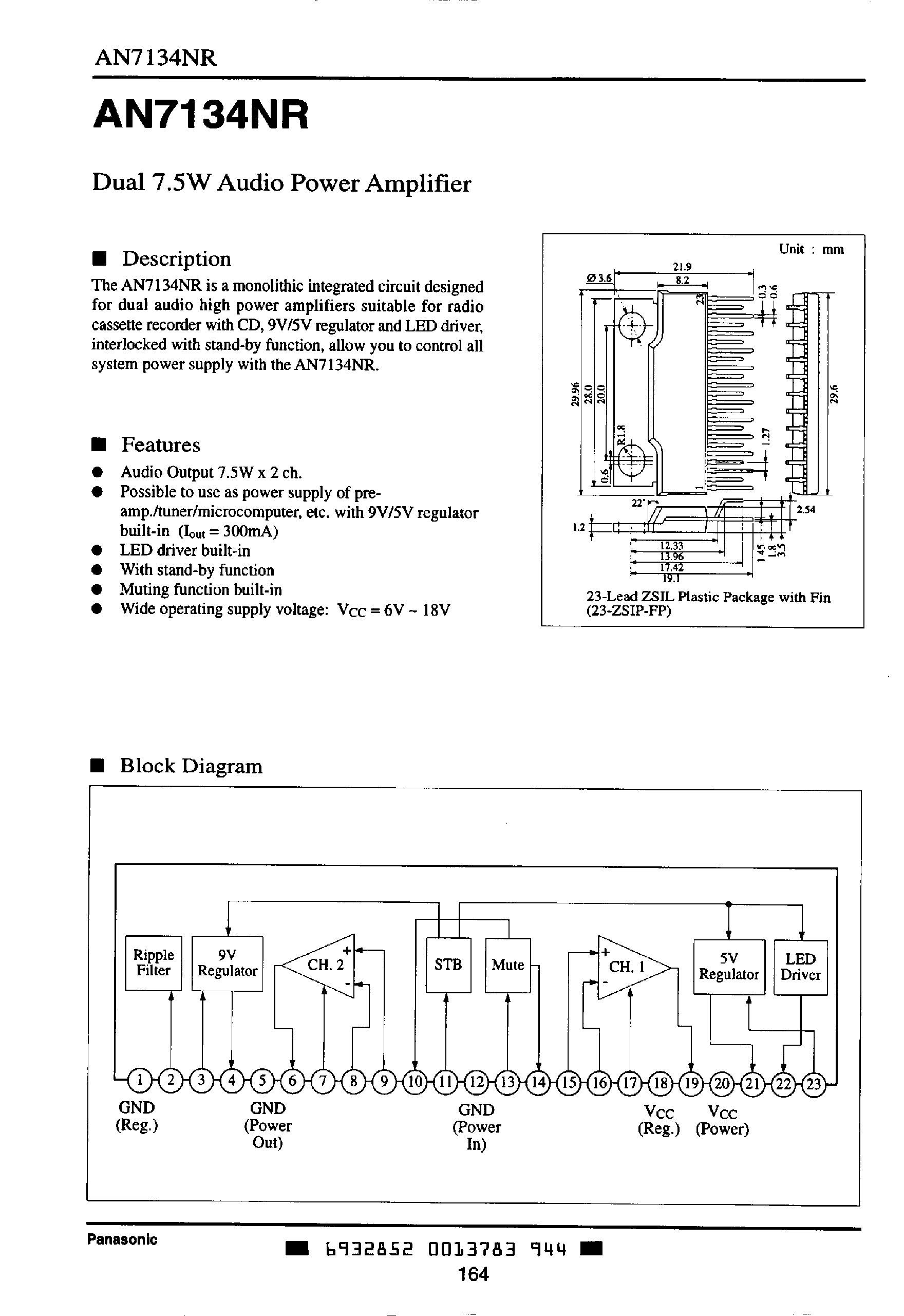 Datasheet AN7134NR - DUAL 7.5W AUDIO POWER AMPLIFIER page 1