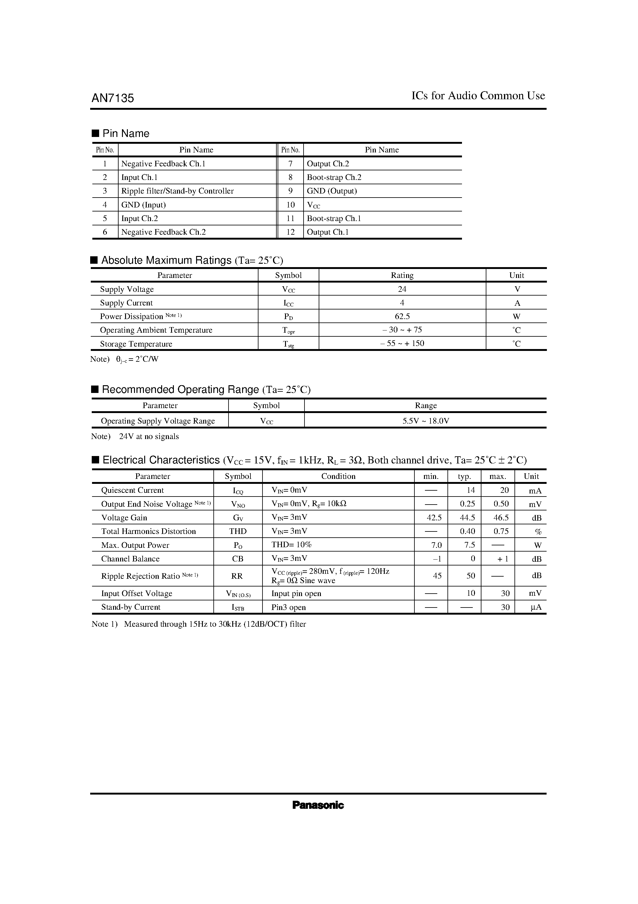 Datasheet AN7135 page 2 Datasheet AN7135 - Dual 7.5W Low Frequency Power Amplifier Circuit page 2