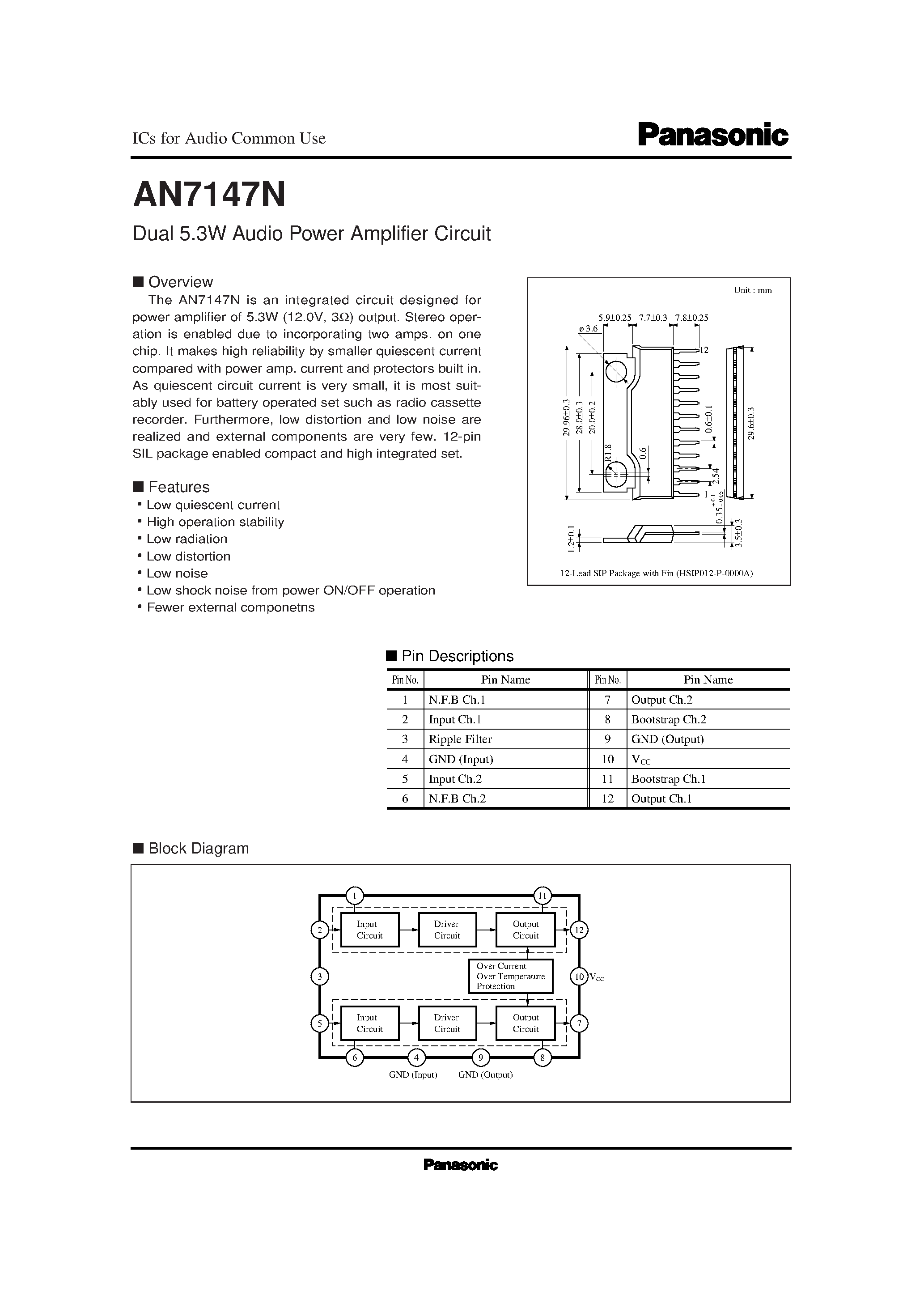 Datasheet AN7147N - Dual 5.3W Audio Power Amplifier Circuit page 1