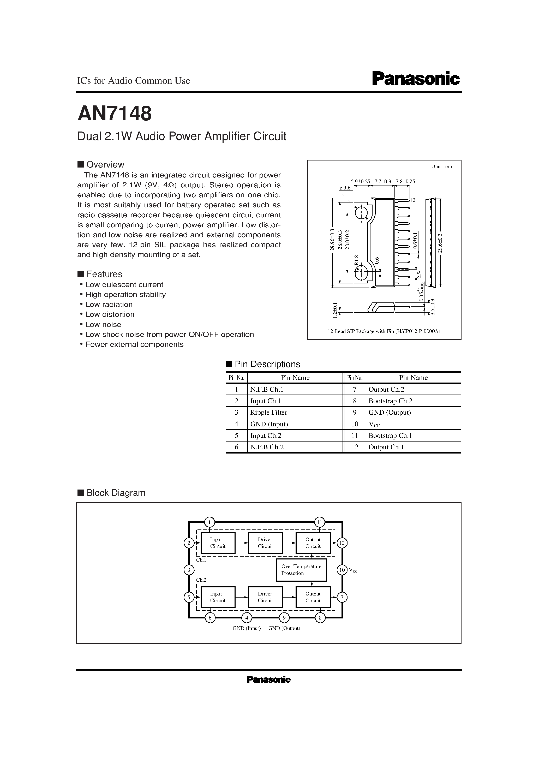 Даташит на микросхему AN7148 страница 1 Даташит AN7148 - Dual 2.1W Audio Power Amplifier Circuit страница 1