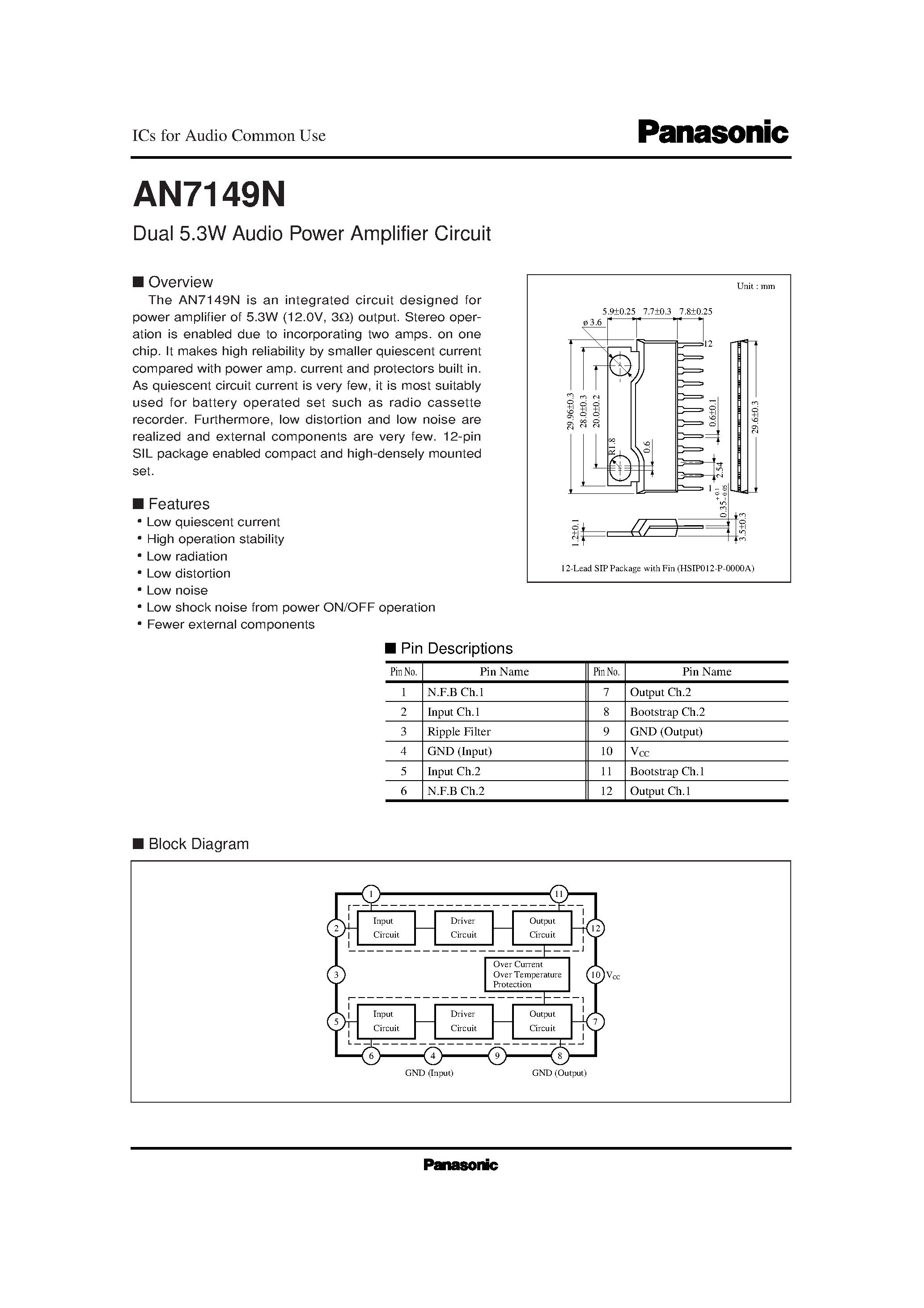 Datasheet AN7149N - Dual 5.3W Audio Power Amplifier Circuit page 1