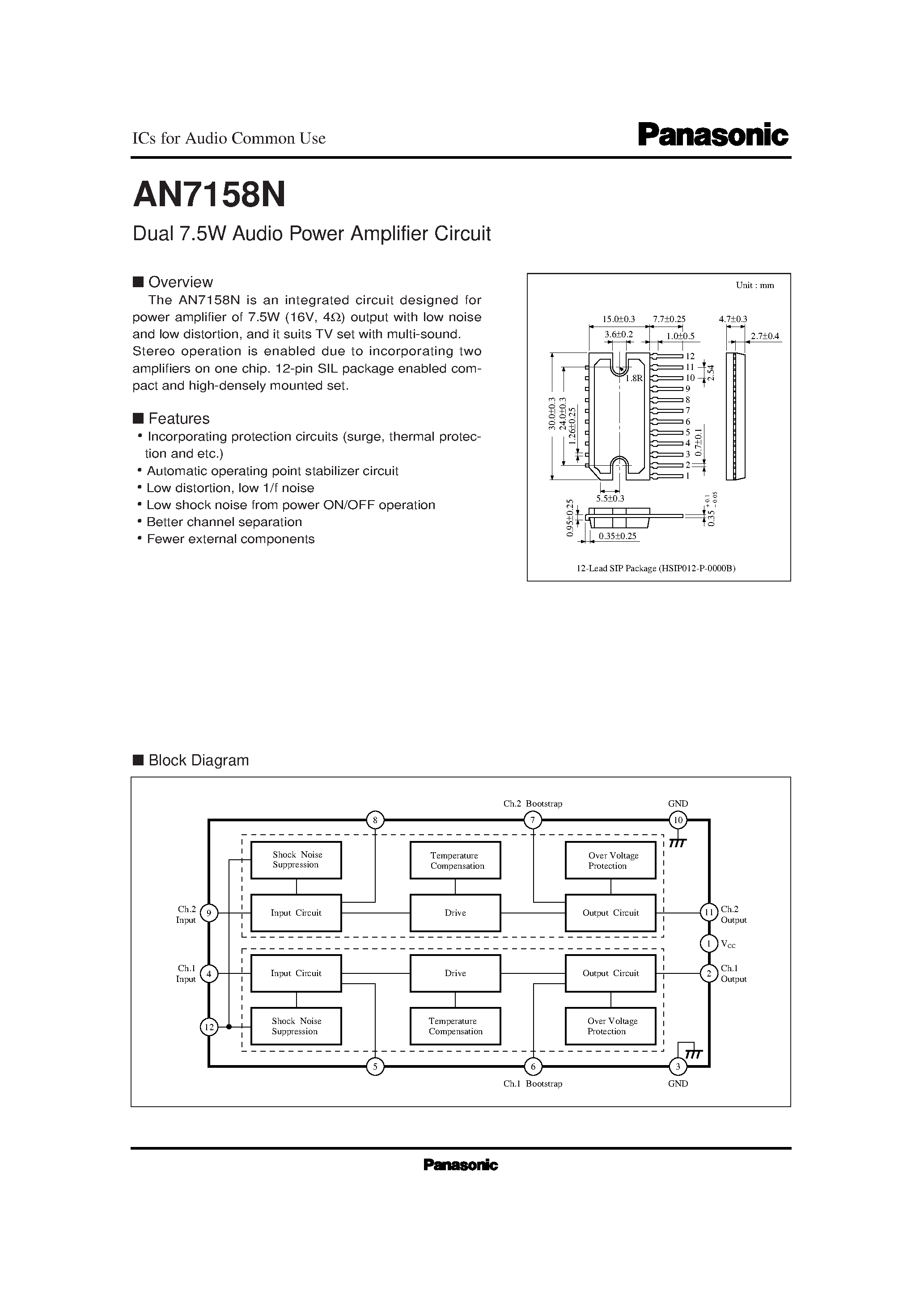 Datasheet AN7158N - Dual 7.5W Audio Power Amplifier Circuit page 1