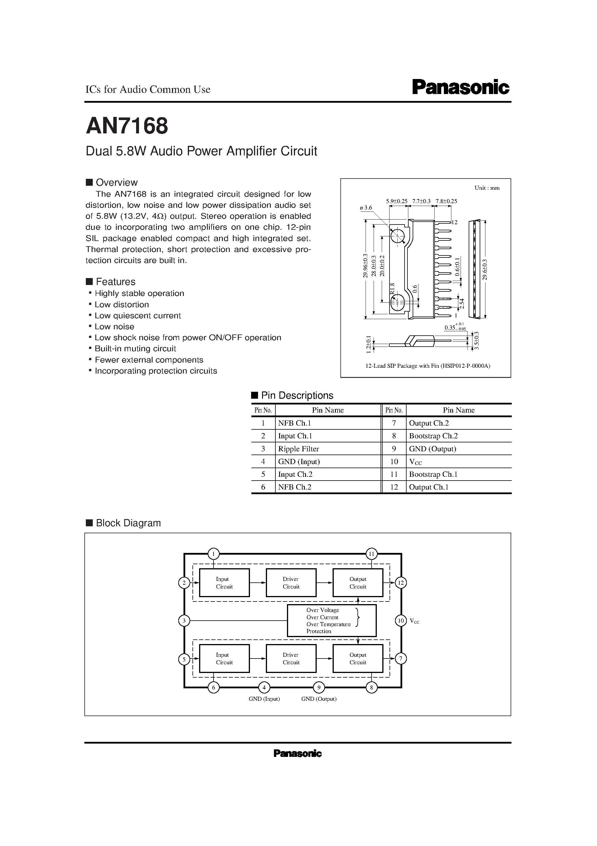 Datasheet AN7168 - Dual 5.8W Audio Power Amplifier Circuit page 1