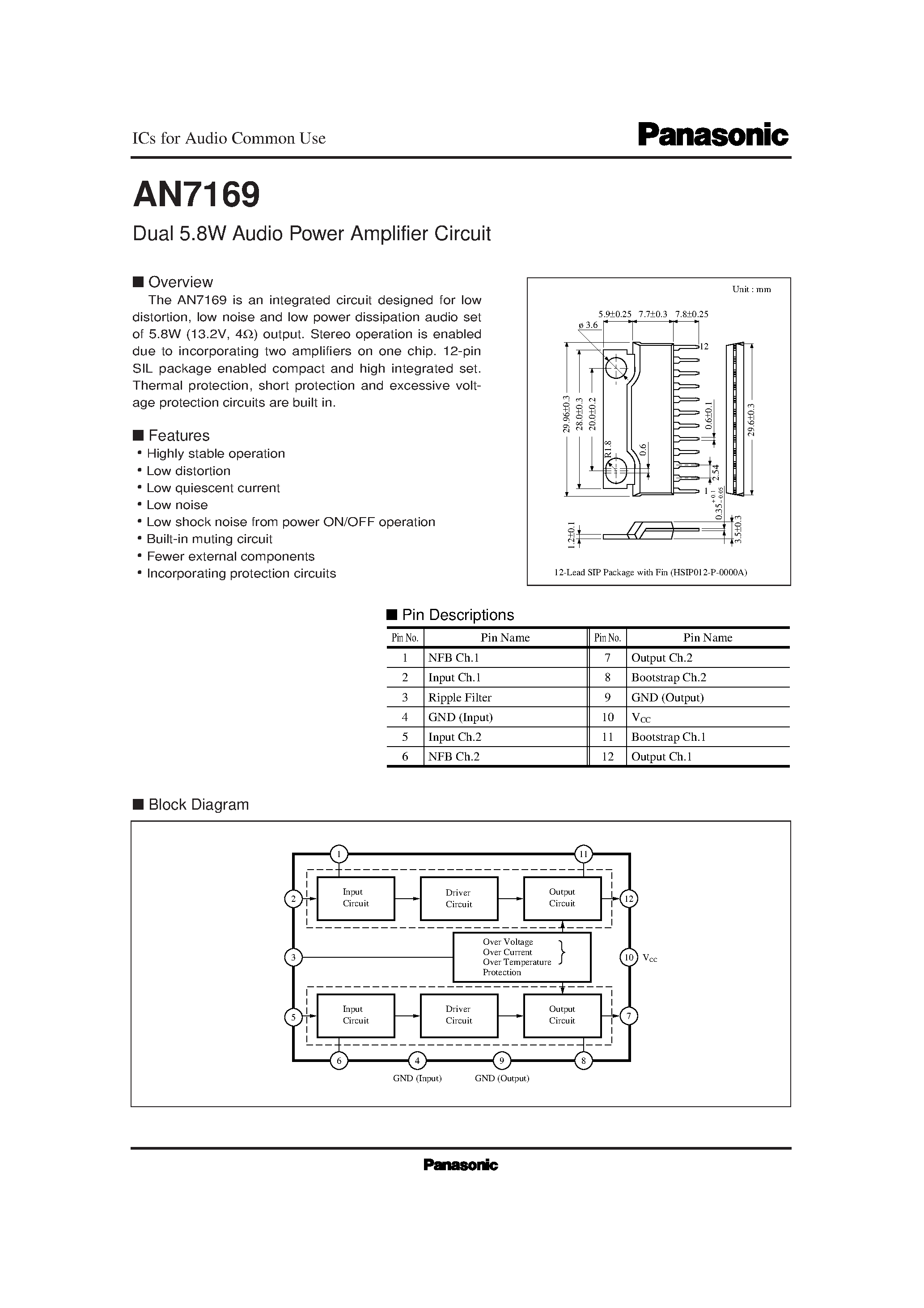 Datasheet AN7169 - Dual 5.8W Audio Power Amplifier Circuit page 1