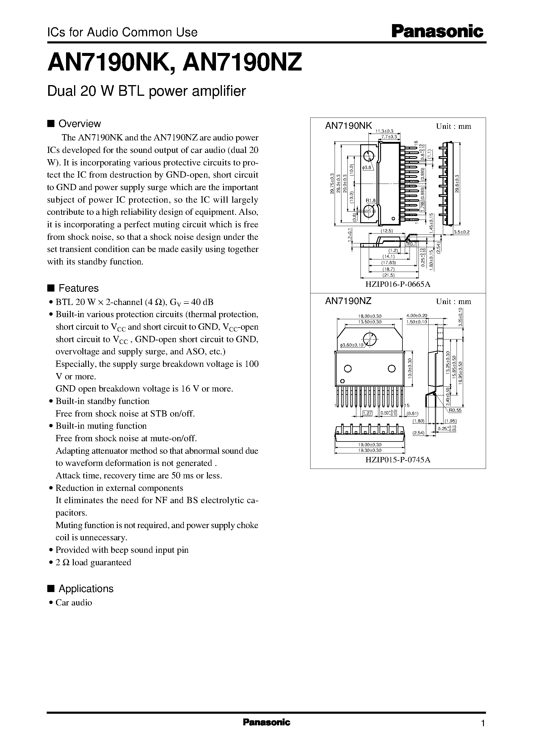Datasheet AN7190NZ - Dual 20 W BTL power amplifier page 1