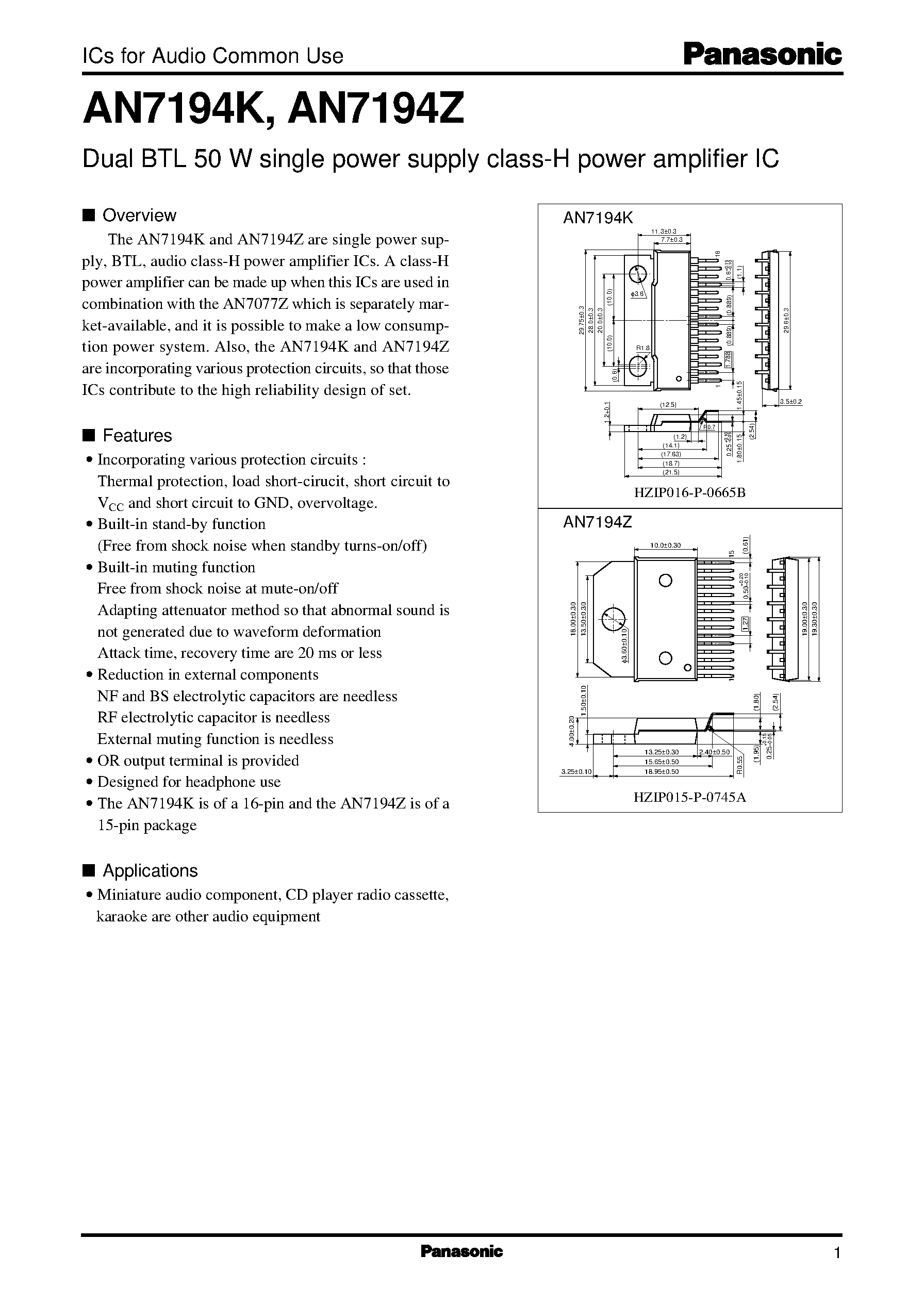 Datasheet AN7194 page 1 Datasheet AN7194 - Dual BTL 50 W single power supply class-H power amplifier IC page 1