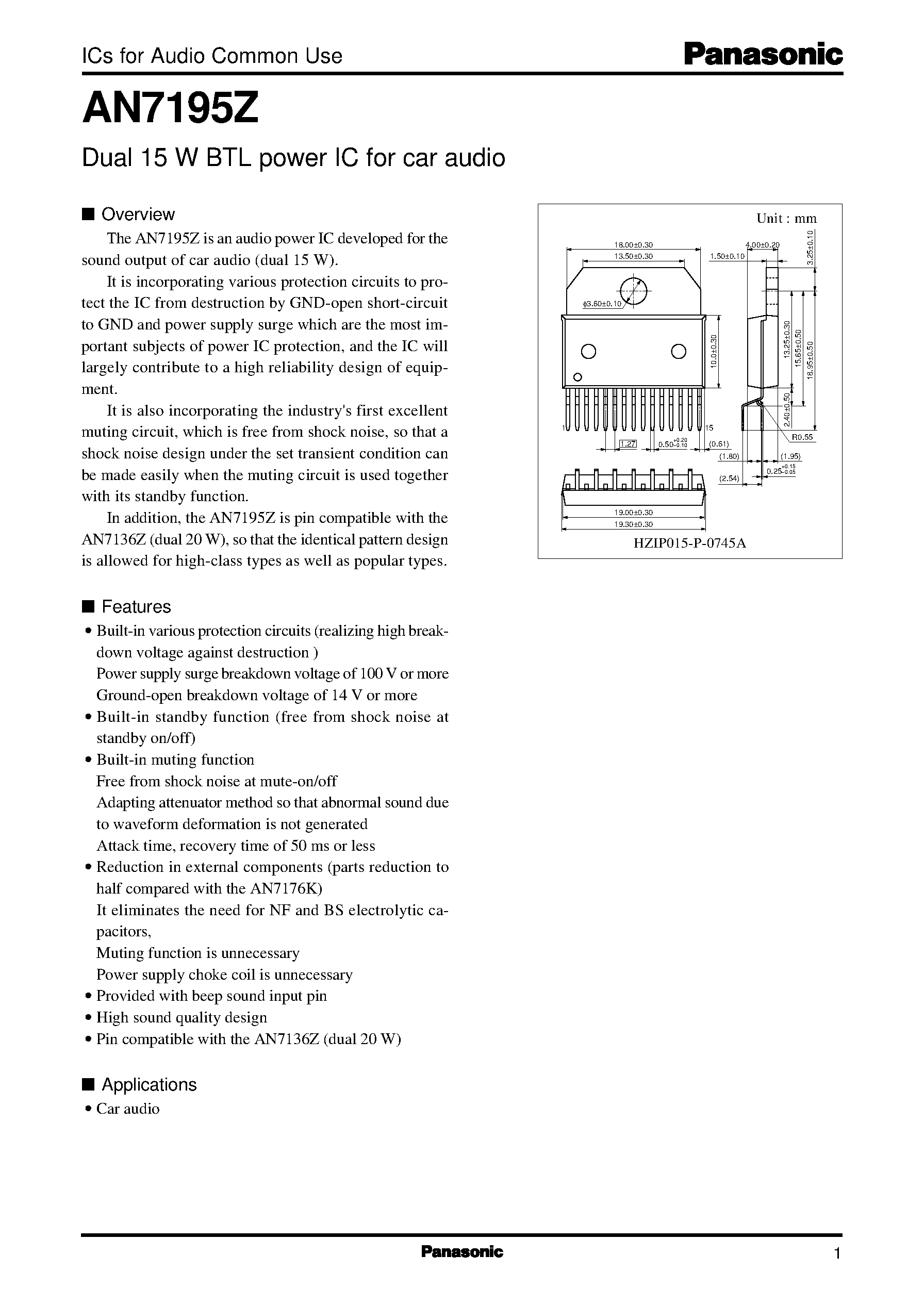 Даташит на микросхему AN7195Z страница 1 Даташит AN7195Z - Dual 15 W BTL power IC for car audio страница 1