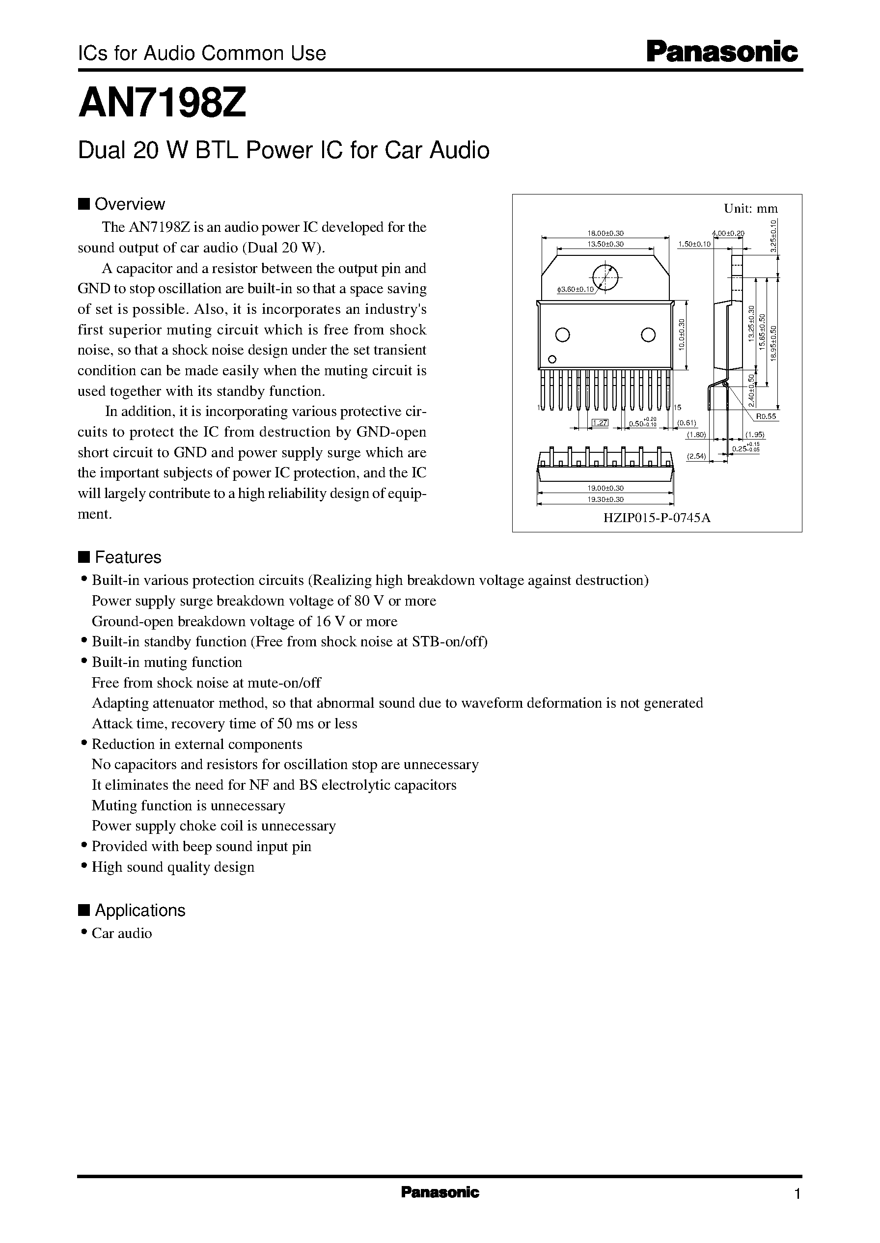 Datasheet AN7198Z - Dual 20 W BTL Power IC for Car Audio page 1