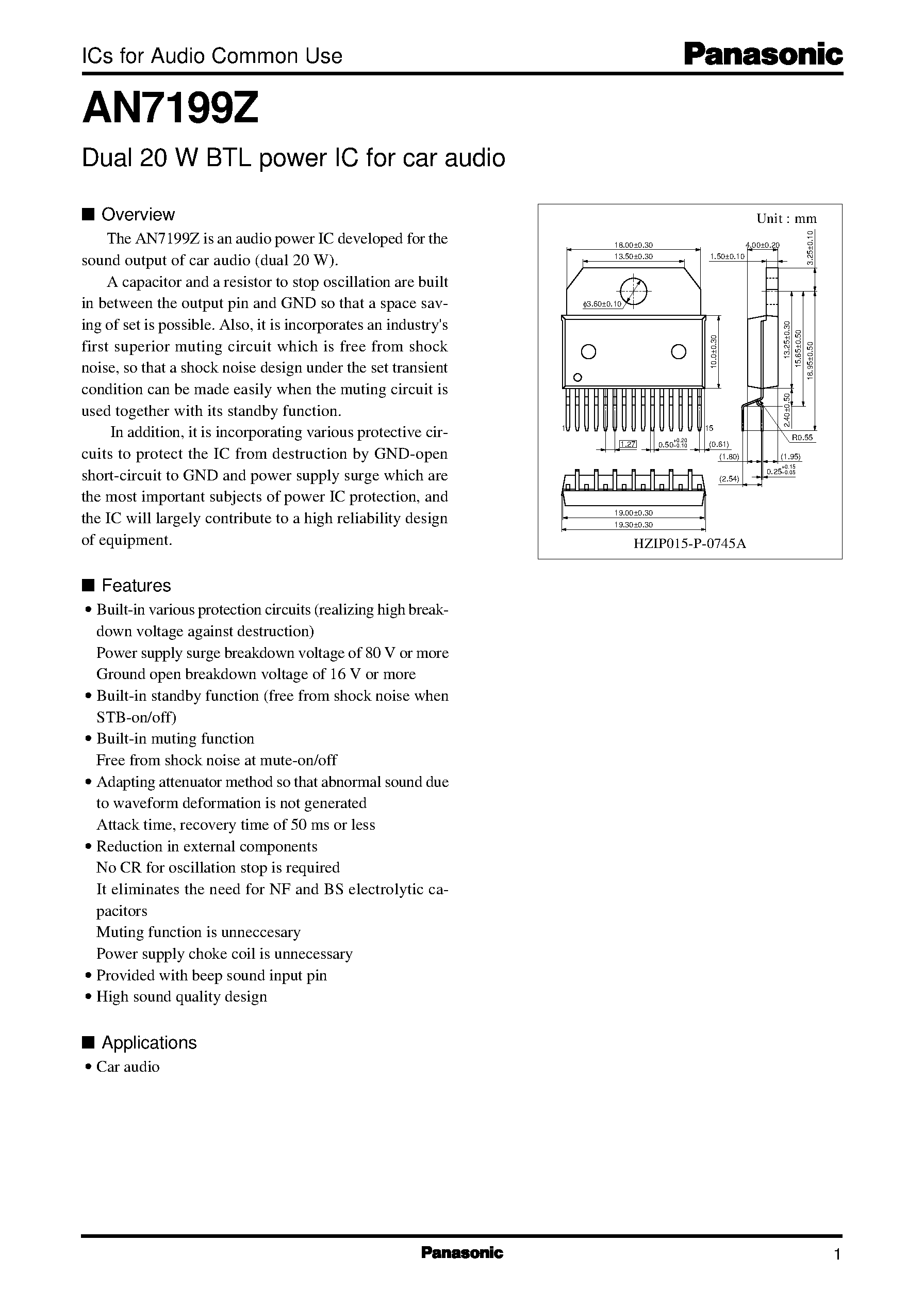 Даташит на микросхему AN7199 страница 1 Даташит AN7199 - Dual 20 W BTL power IC for car audio страница 1