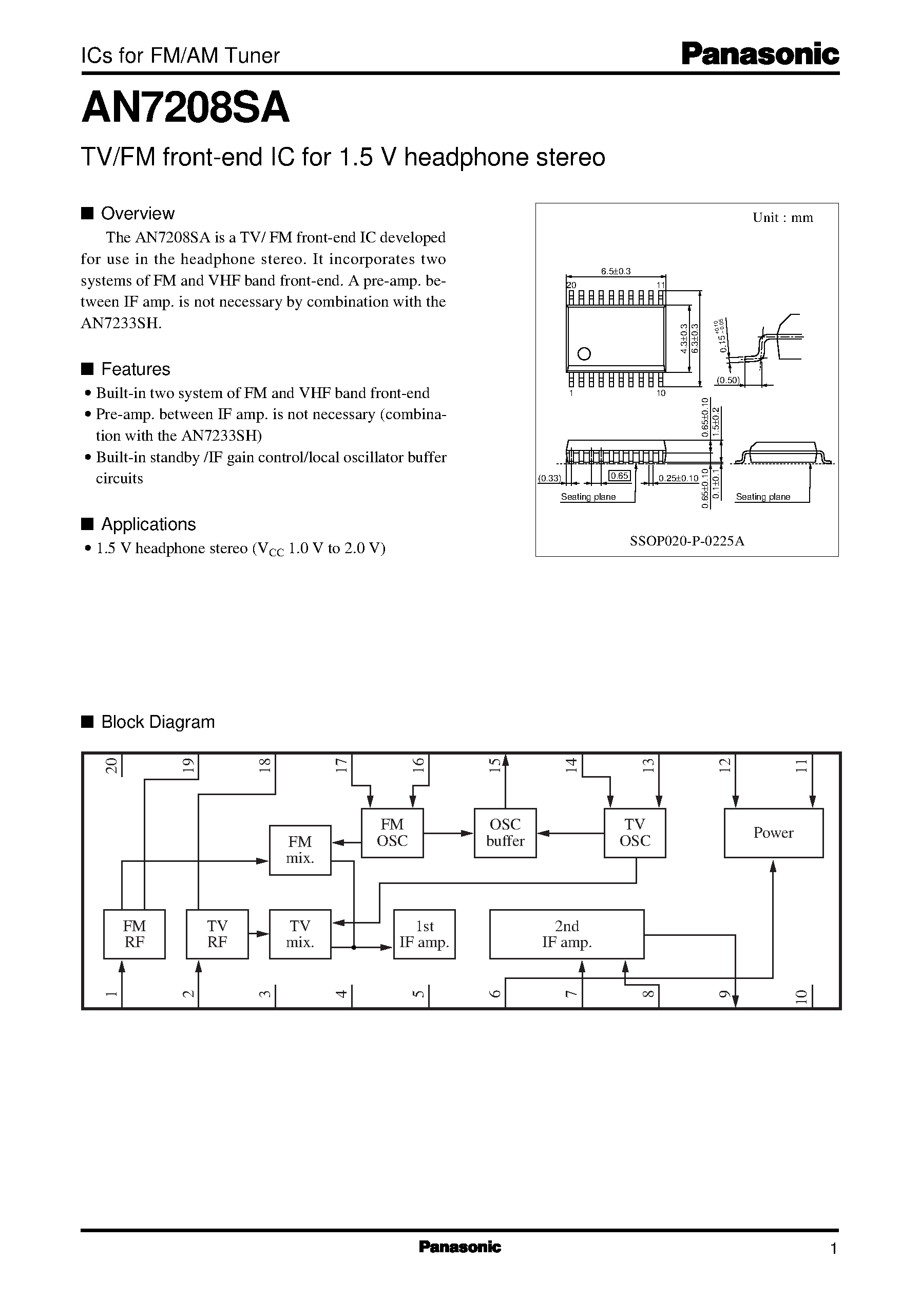 Datasheet AN7208 - TV/FM front-end IC for 1.5 V headphone stereo page 1