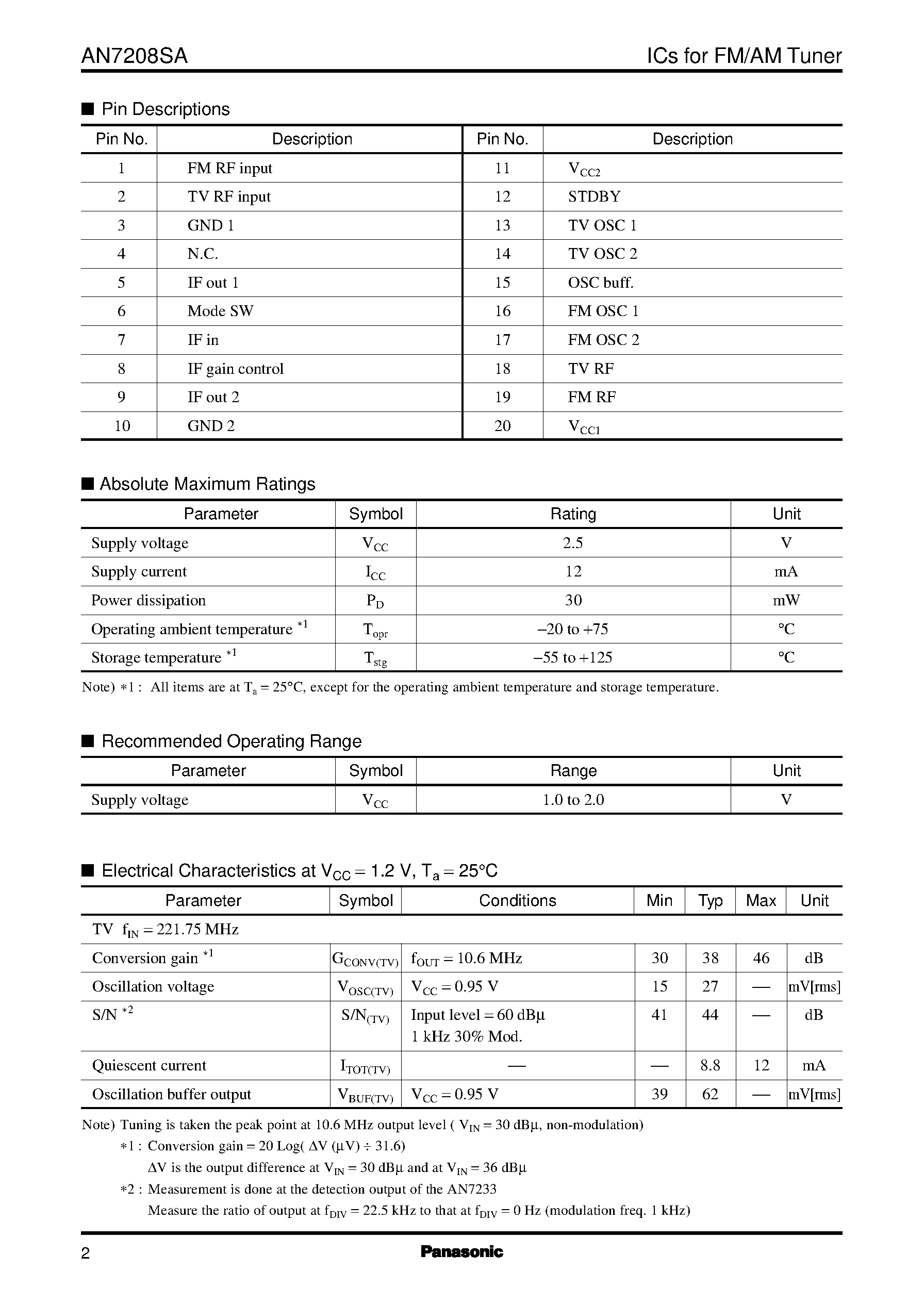 Datasheet AN7208SA - TV/FM front-end IC for 1.5 V headphone stereo page 2