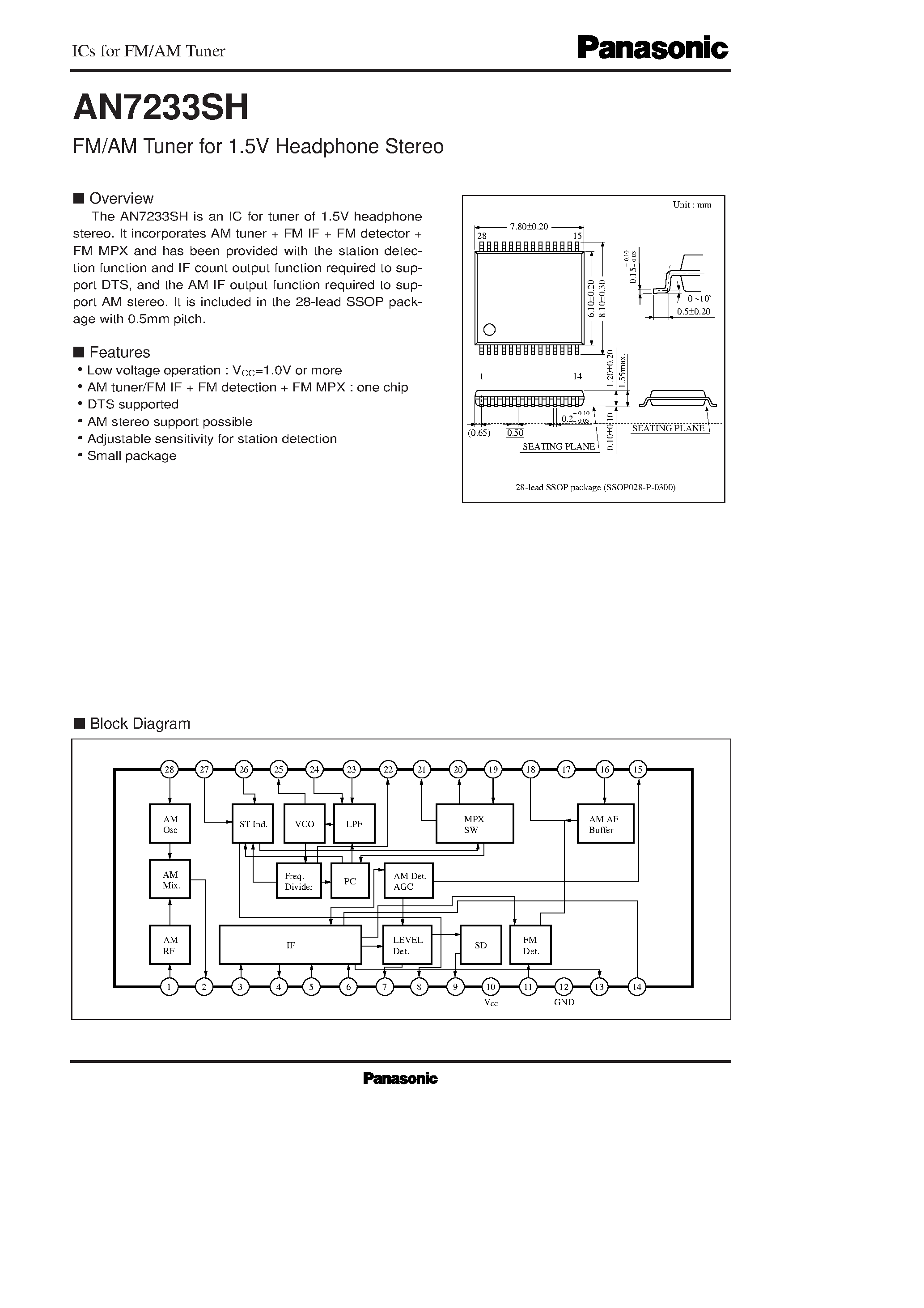 Даташит AN7233SH - FM/AM Tuner for 1.5V Headphone Stereo страница 1