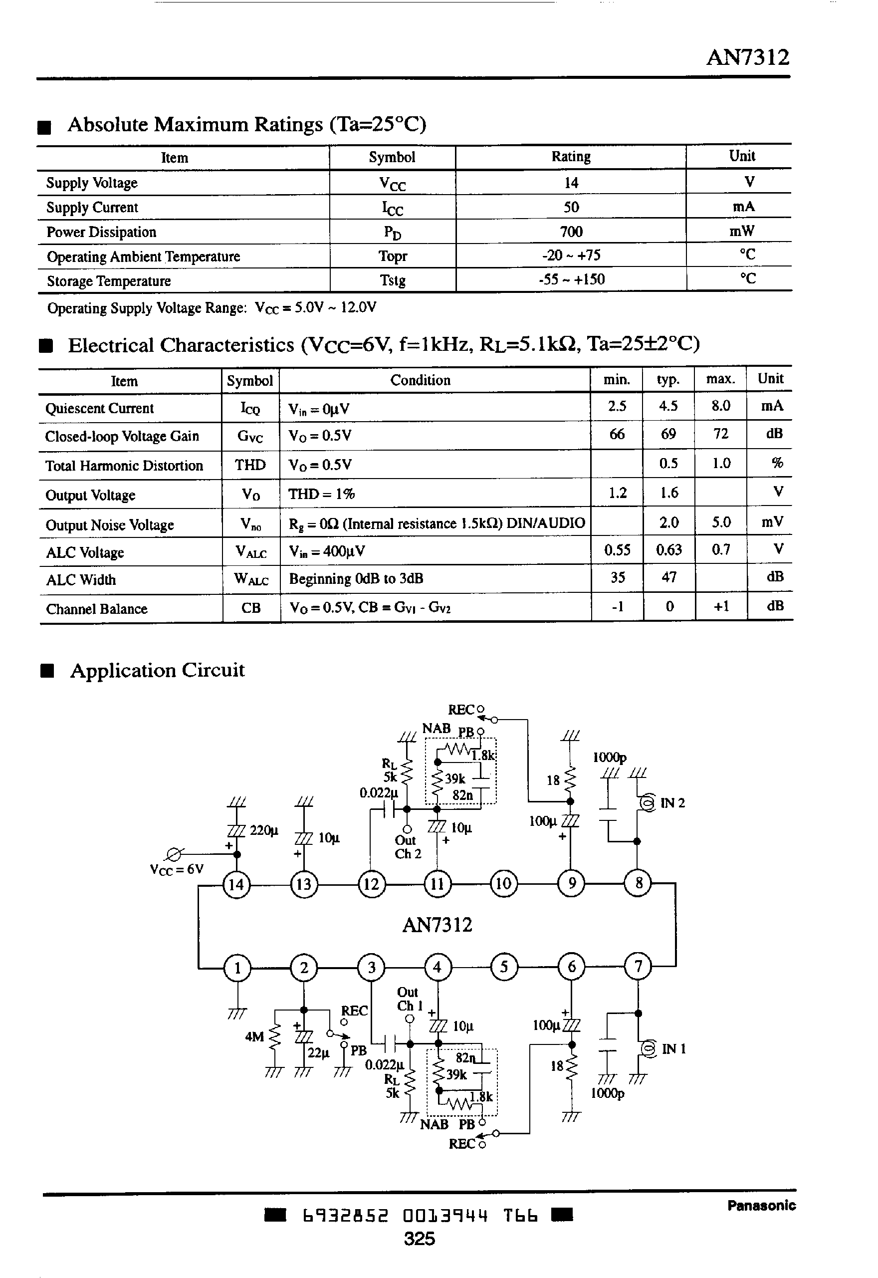 Даташит на микросхему AN7312 страница 2 Даташит AN7312 - DUAL RECORDING /PLAYBACK PRE AMPLIFIER CIRCUIT WITH ALC страница 2