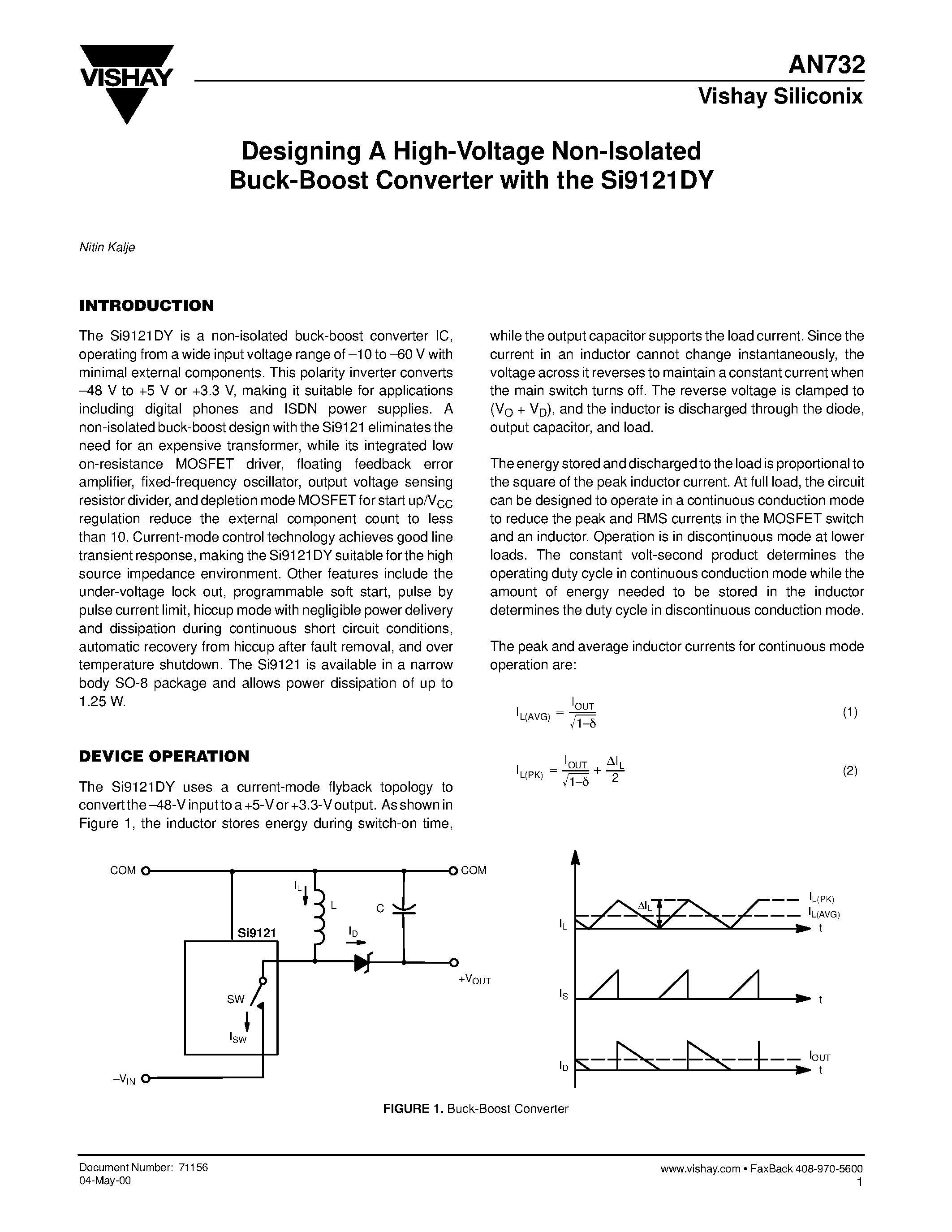 Datasheet AN732 - Designing A High-Voltage Non-Isolated Buck-Boost Converter with the Si9121DY page 1