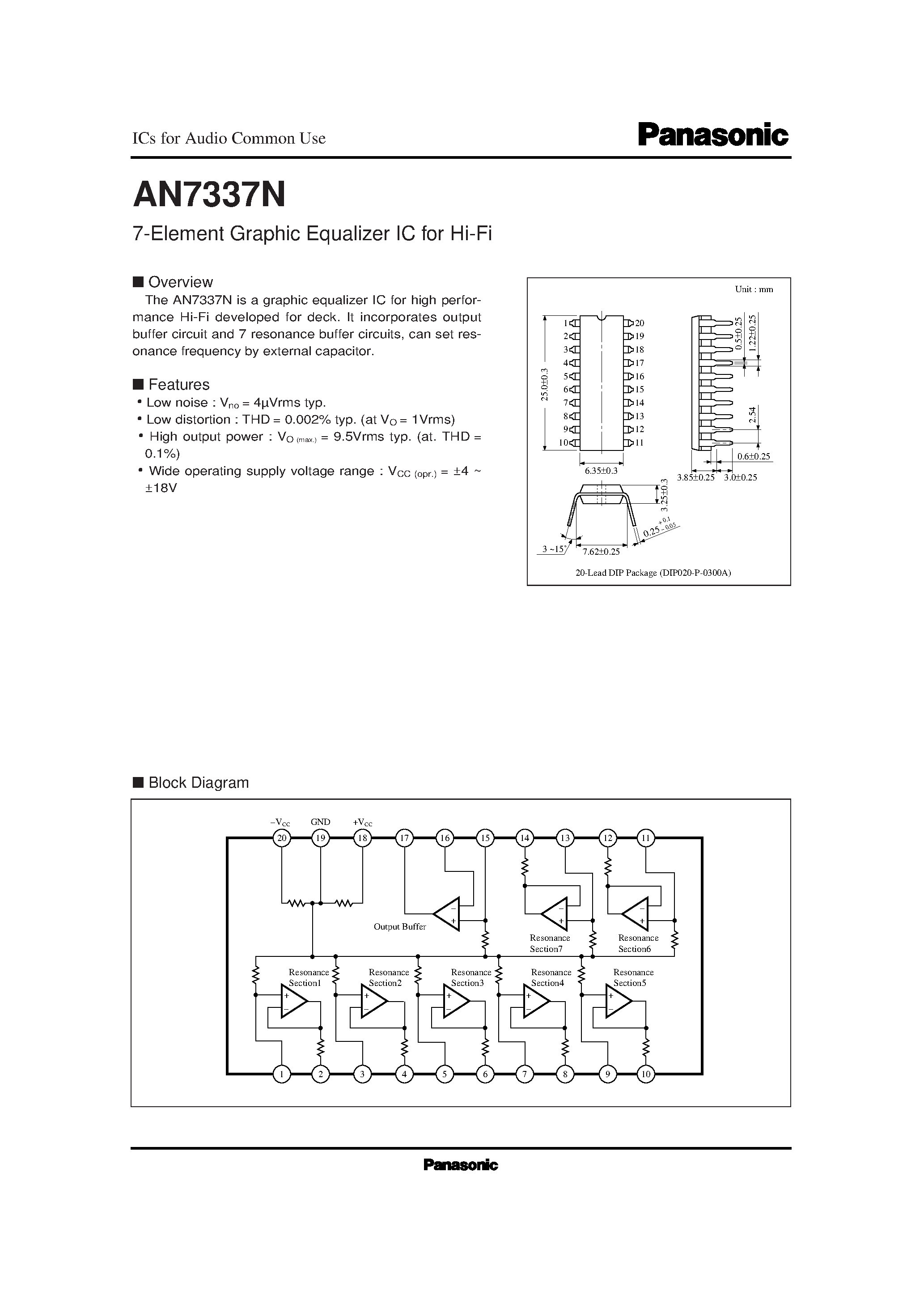 Datasheet AN733 page 1 Datasheet AN733 - 7-element graphic equalizer IC for Hi-Fi audio equipment page 1