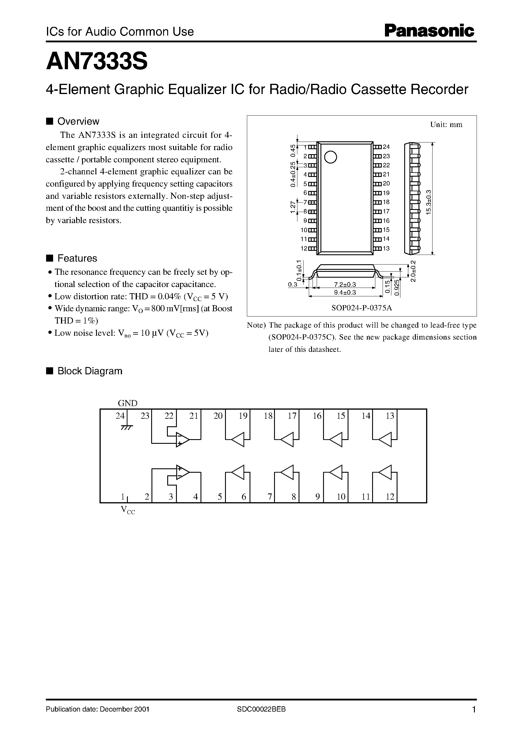 Datasheet AN7333S - 4-Element Graphic Equalizer IC for Radio/Radio Cassette Recorder page 1