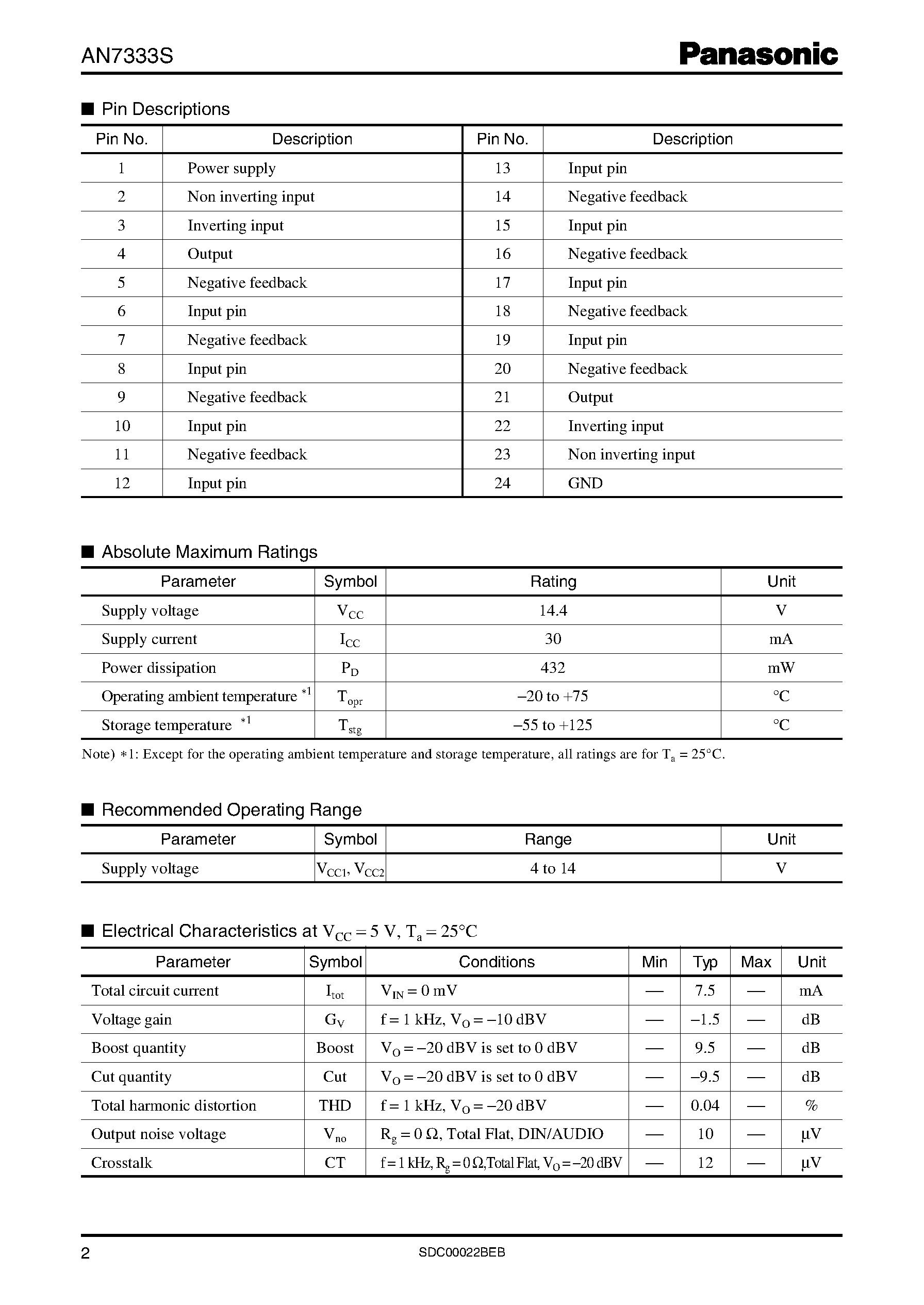 Datasheet AN7333S - 4-Element Graphic Equalizer IC for Radio/Radio Cassette Recorder page 2