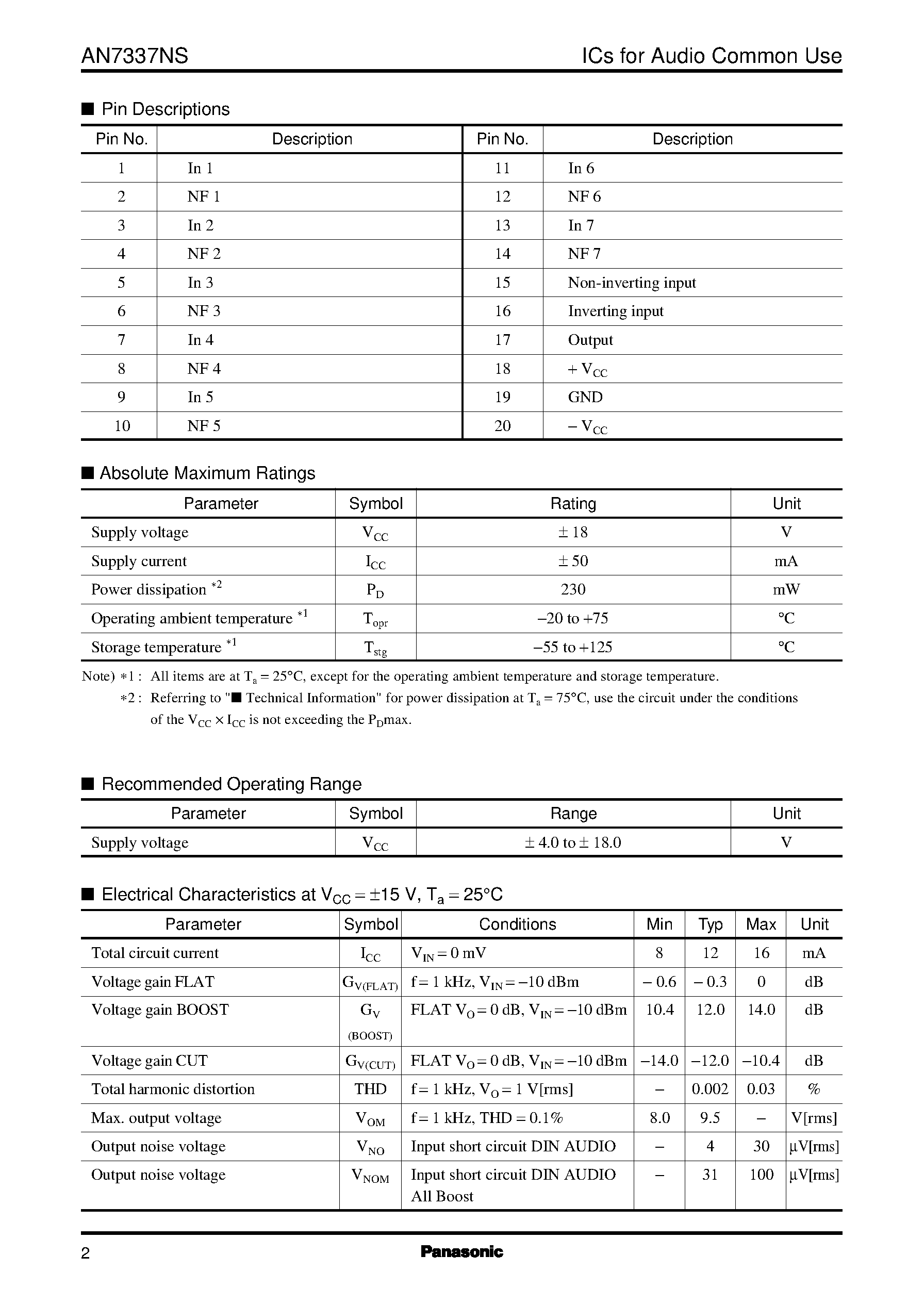 Datasheet AN7337NS - 7-element graphic equalizer IC for Hi-Fi audio equipment page 2