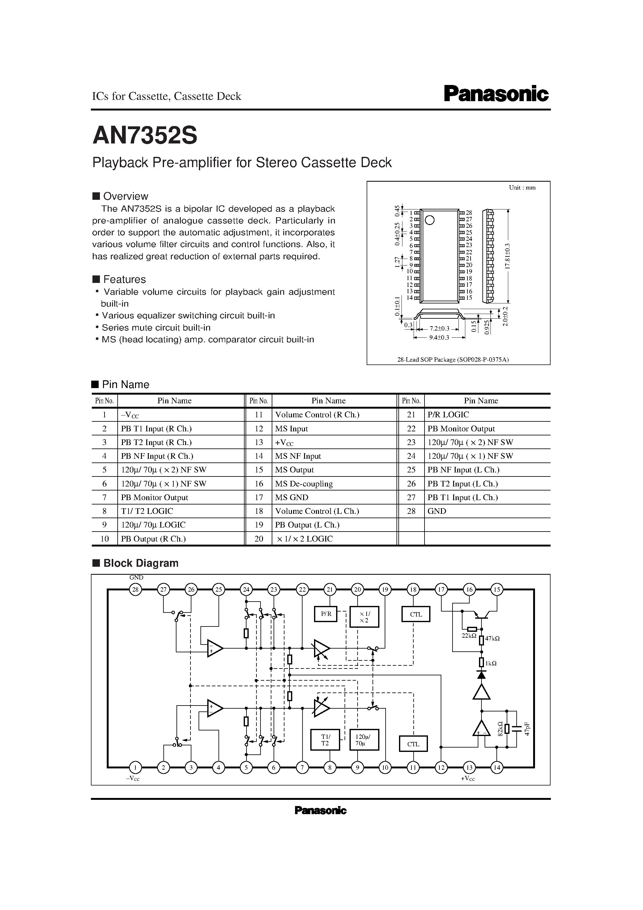 Даташит AN7352 - Playback Pre-amplifier for Stereo Cassette Deck страница 1