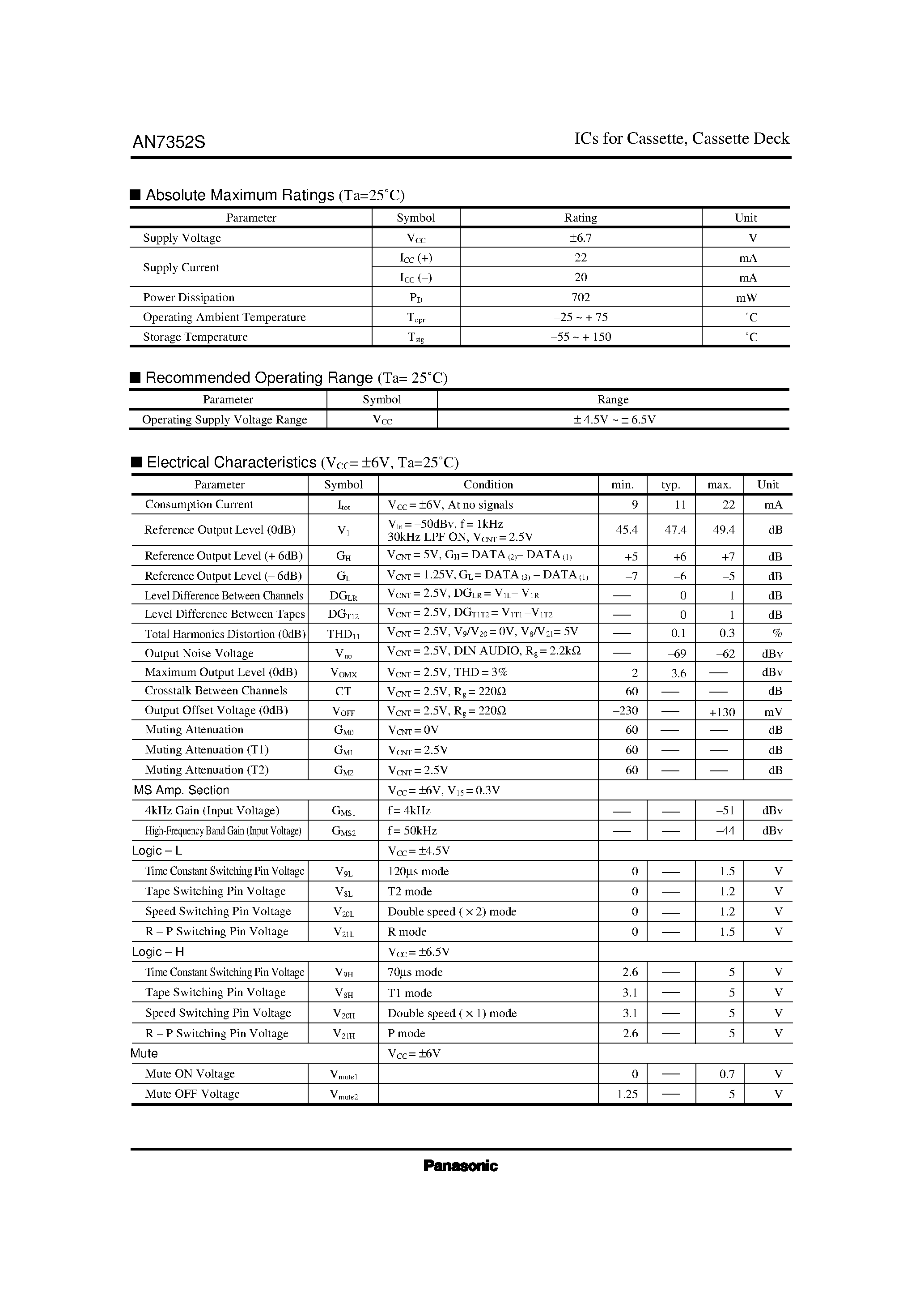 Даташит AN7352 - Playback Pre-amplifier for Stereo Cassette Deck страница 2