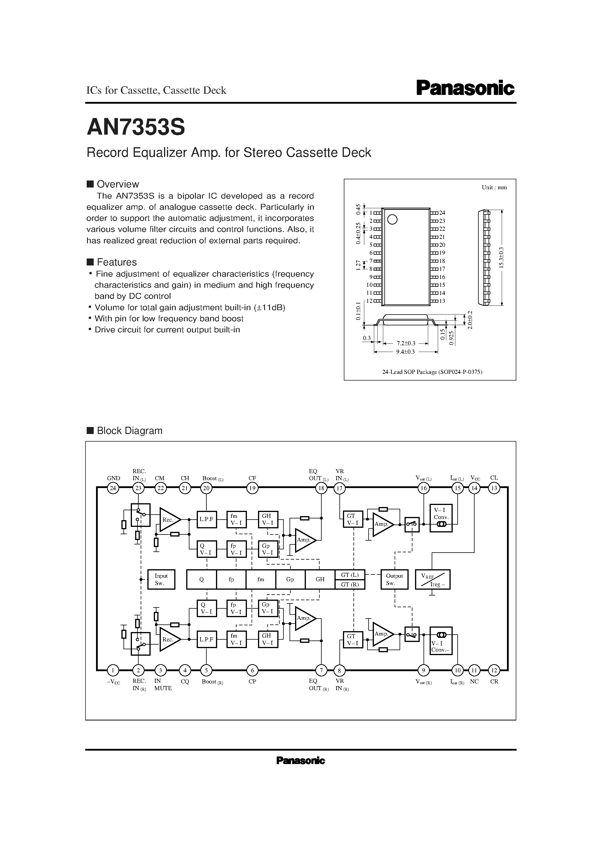 Даташит AN7353S - Record Equalizer Amp. for Stereo Cassette Deck страница 1