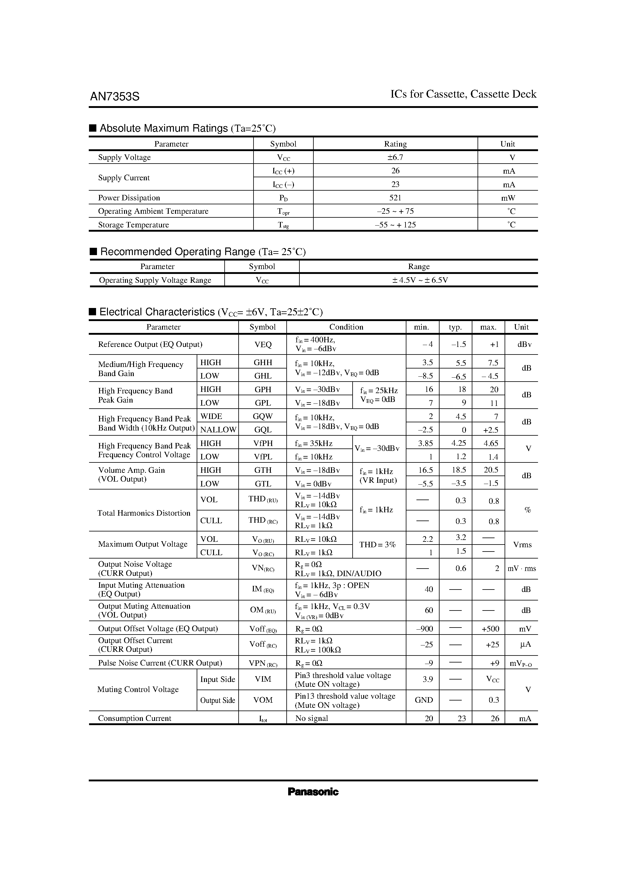 Даташит AN7353S - Record Equalizer Amp. for Stereo Cassette Deck страница 2