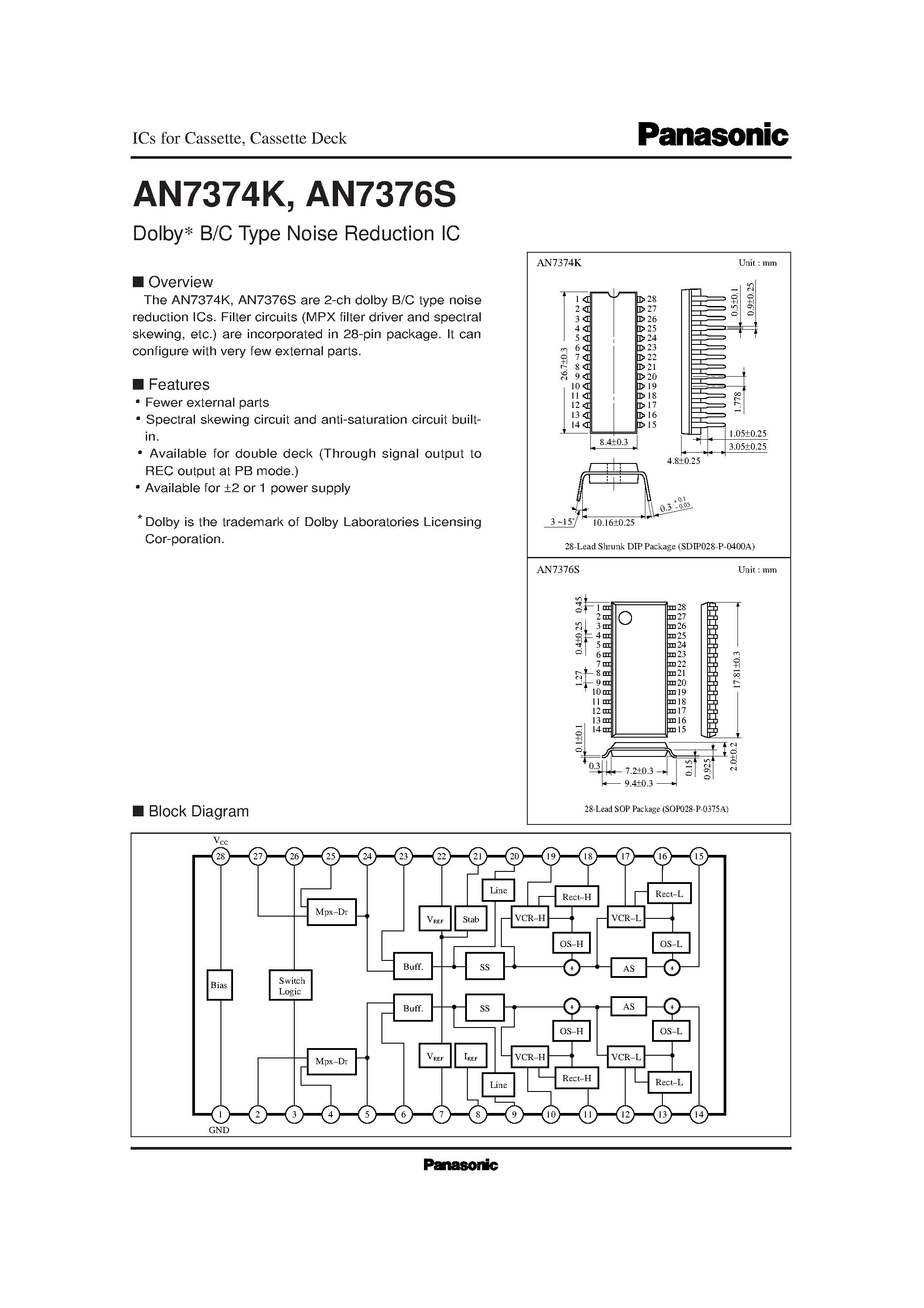Даташит AN7376S - Dolby B/C Type Noise Reduction IC страница 1