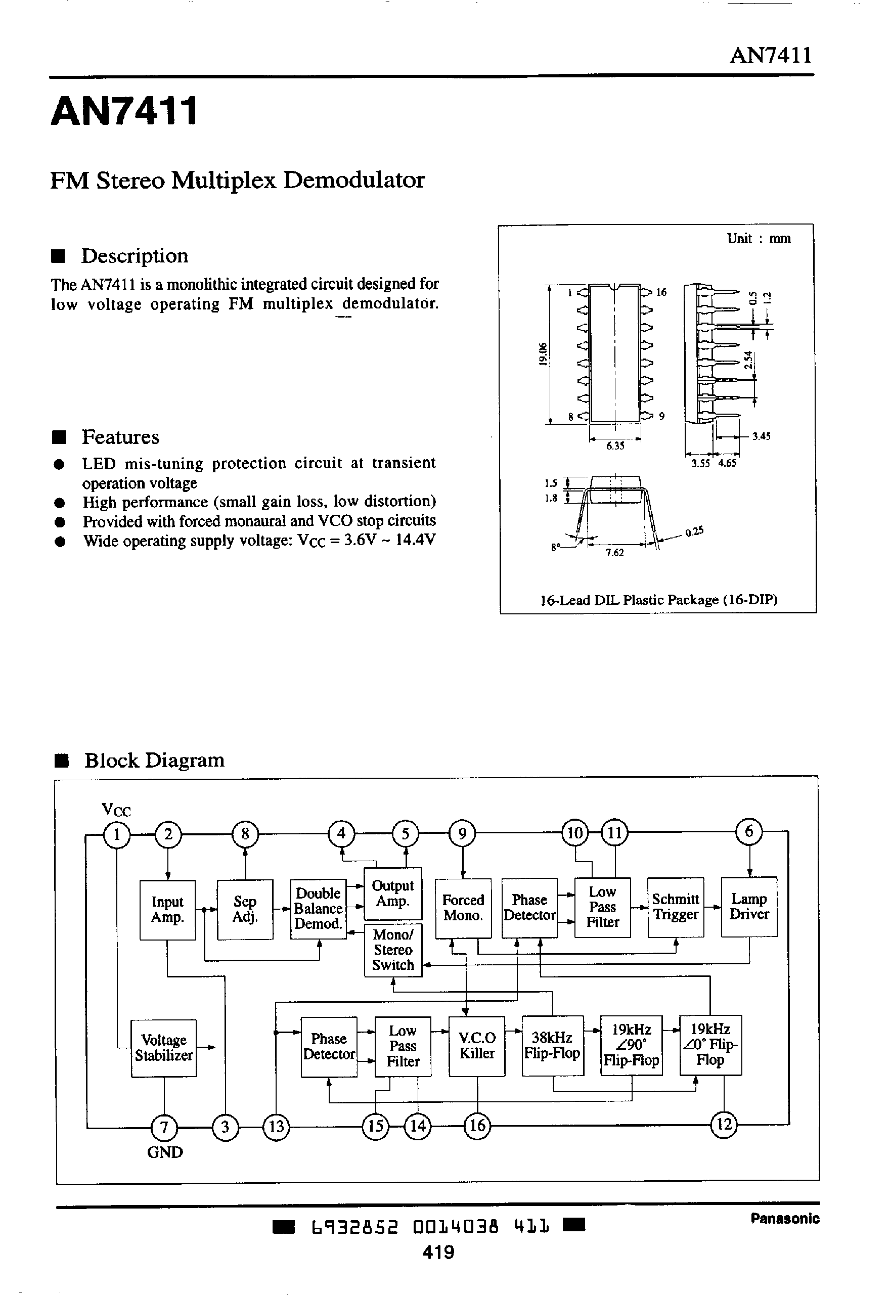 Даташит AN7411 - fM STEREO MULTIPLEX DEMODULATOR страница 1