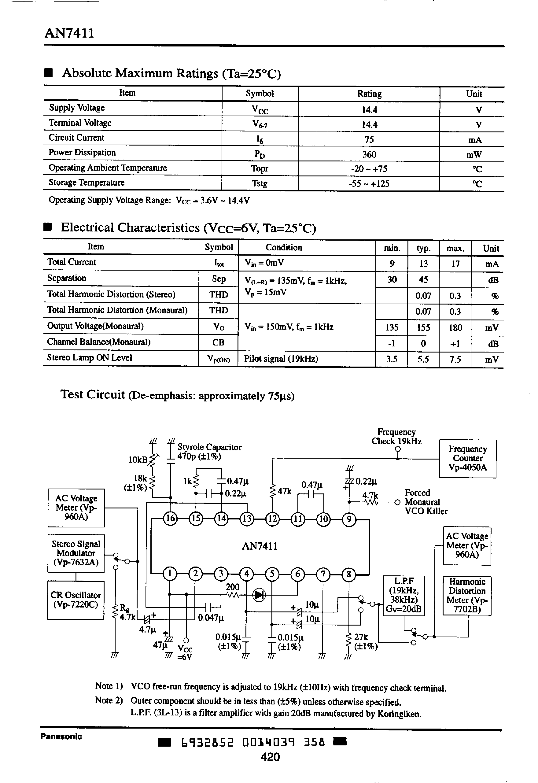 Даташит AN7411 - fM STEREO MULTIPLEX DEMODULATOR страница 2