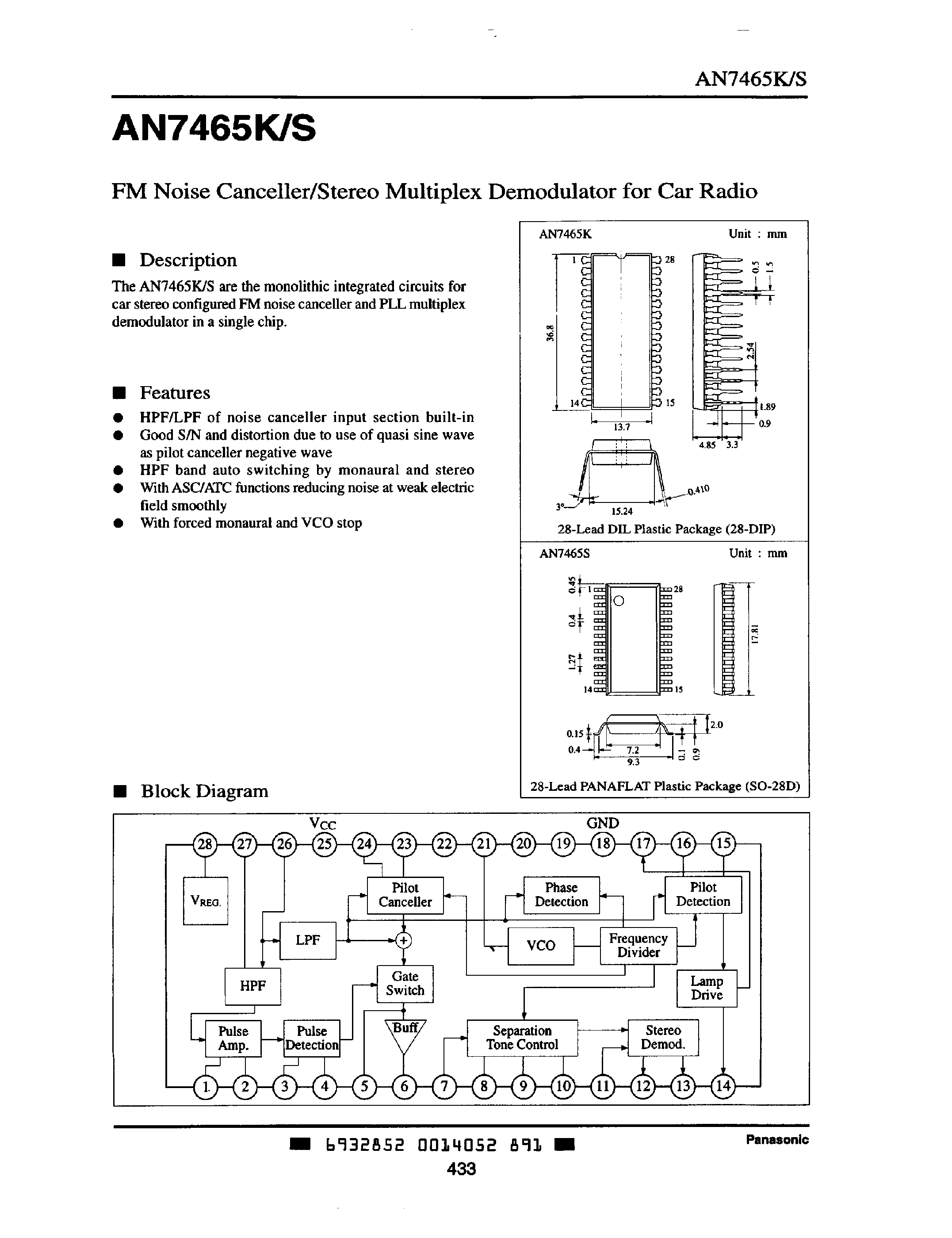 Datasheet AN7465K-S - FM NOISE CANCELLER/STEREO MULTIPLEX DEMODULATOR FOR CAR RADIO page 1