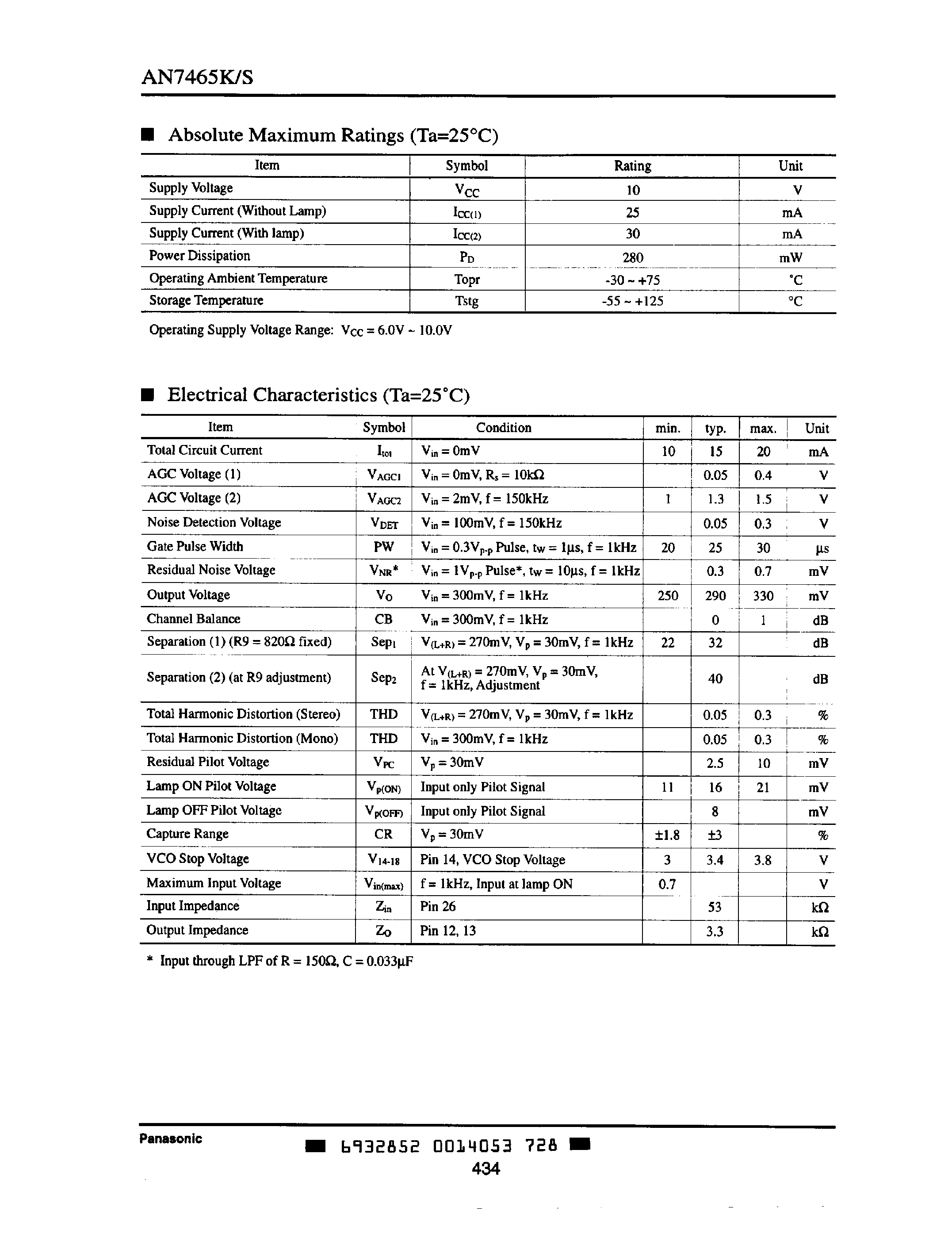 Datasheet AN7465K-S - FM NOISE CANCELLER/STEREO MULTIPLEX DEMODULATOR FOR CAR RADIO page 2
